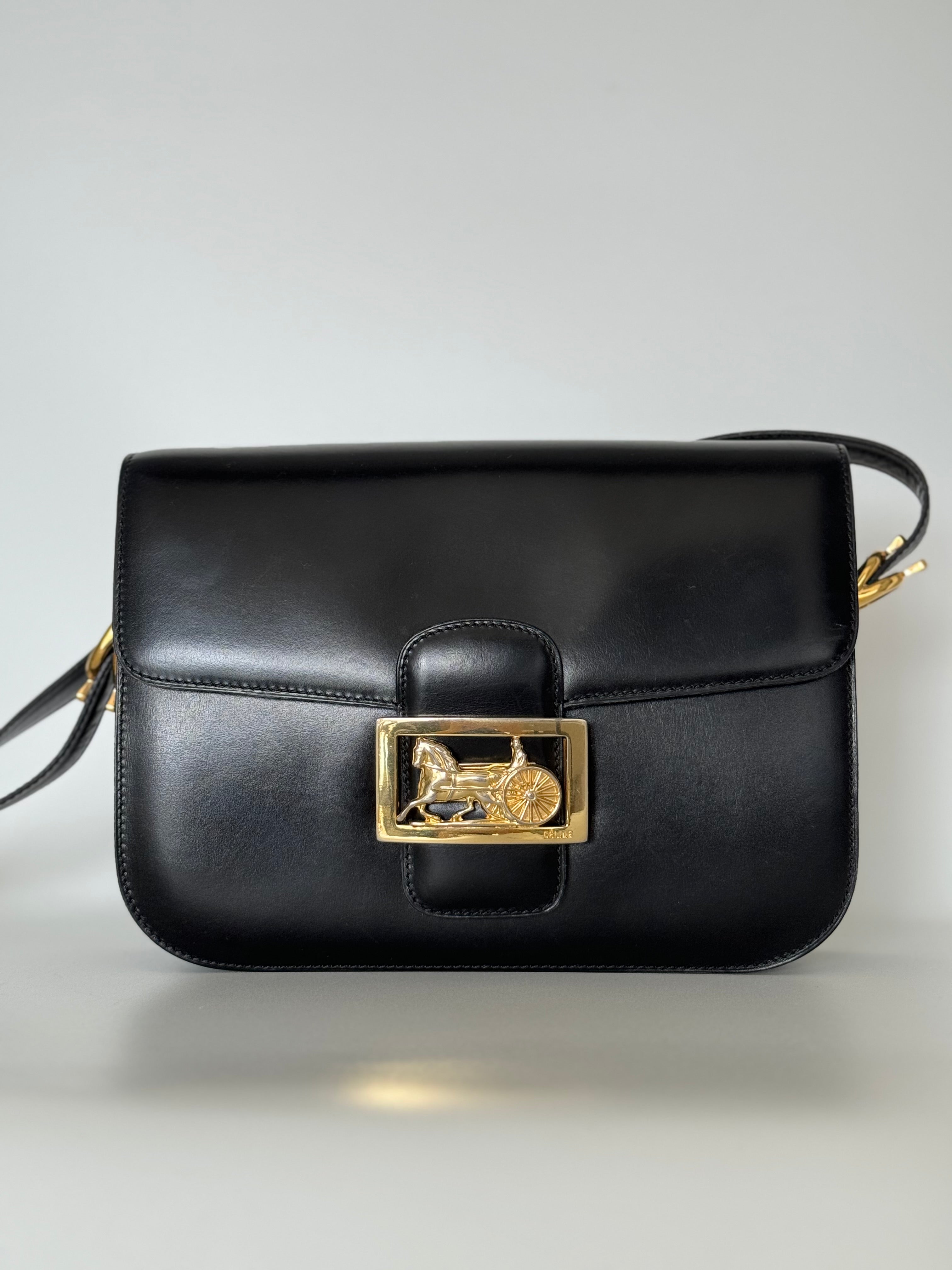 Vintage Celine bag Celine Paris Horse carriage Shoulder Bag Black box Bujor Japan