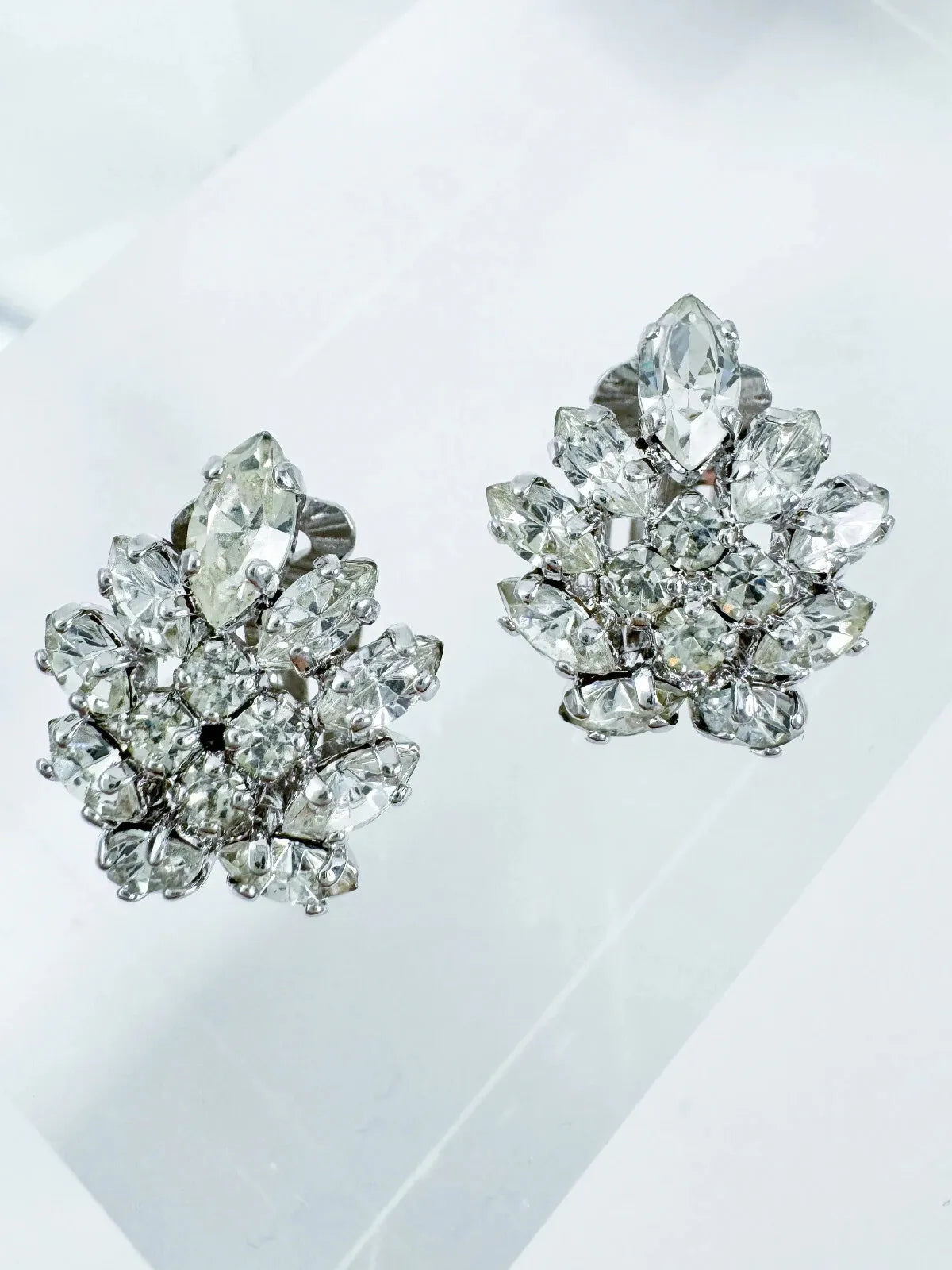 Vintage Christian Dior Germany Silver Tone Earrings Clip on Crystal Rh Bujor Japan
