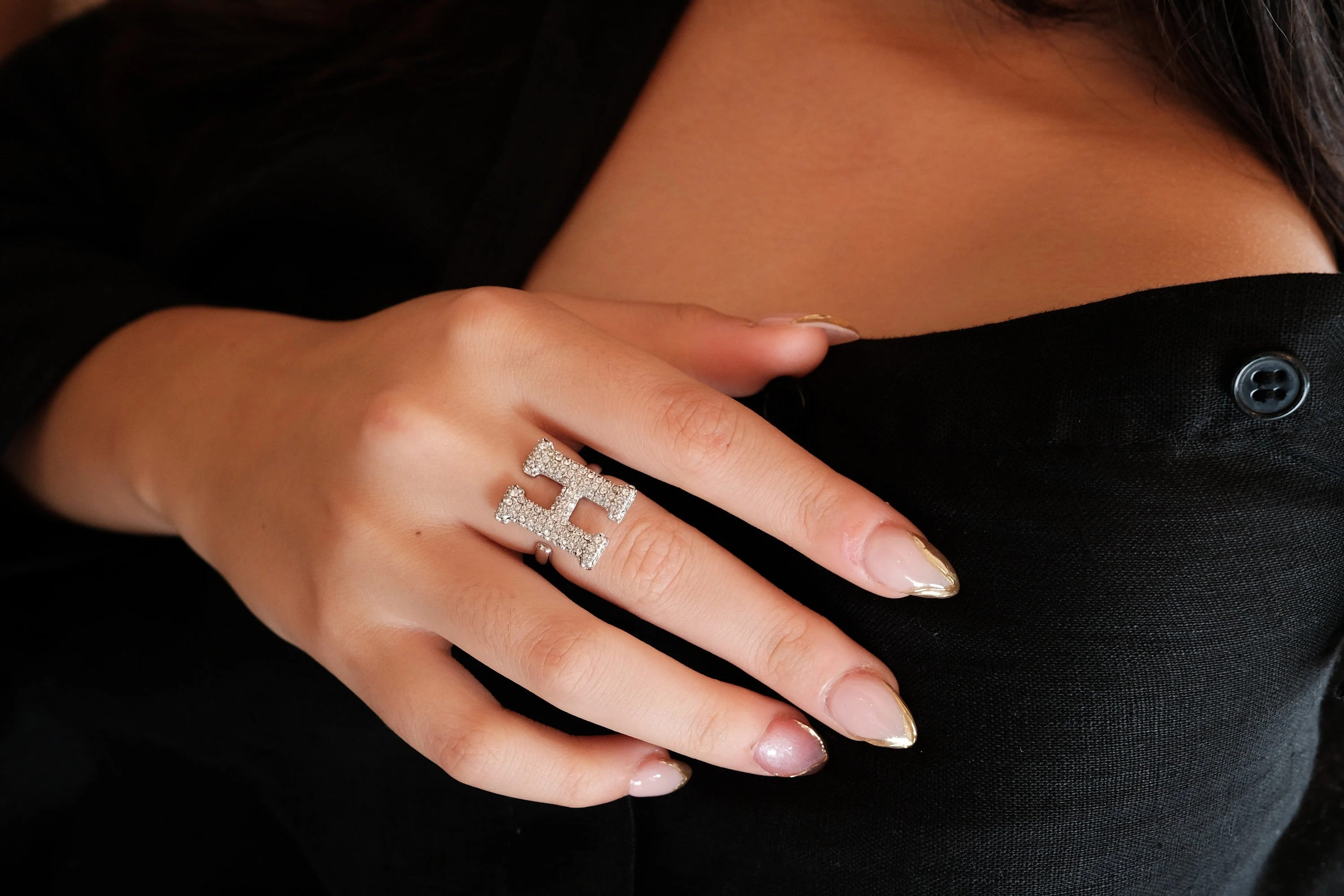 Alphabet Ring Initial H Swarovski Crystals Free Size Sterling