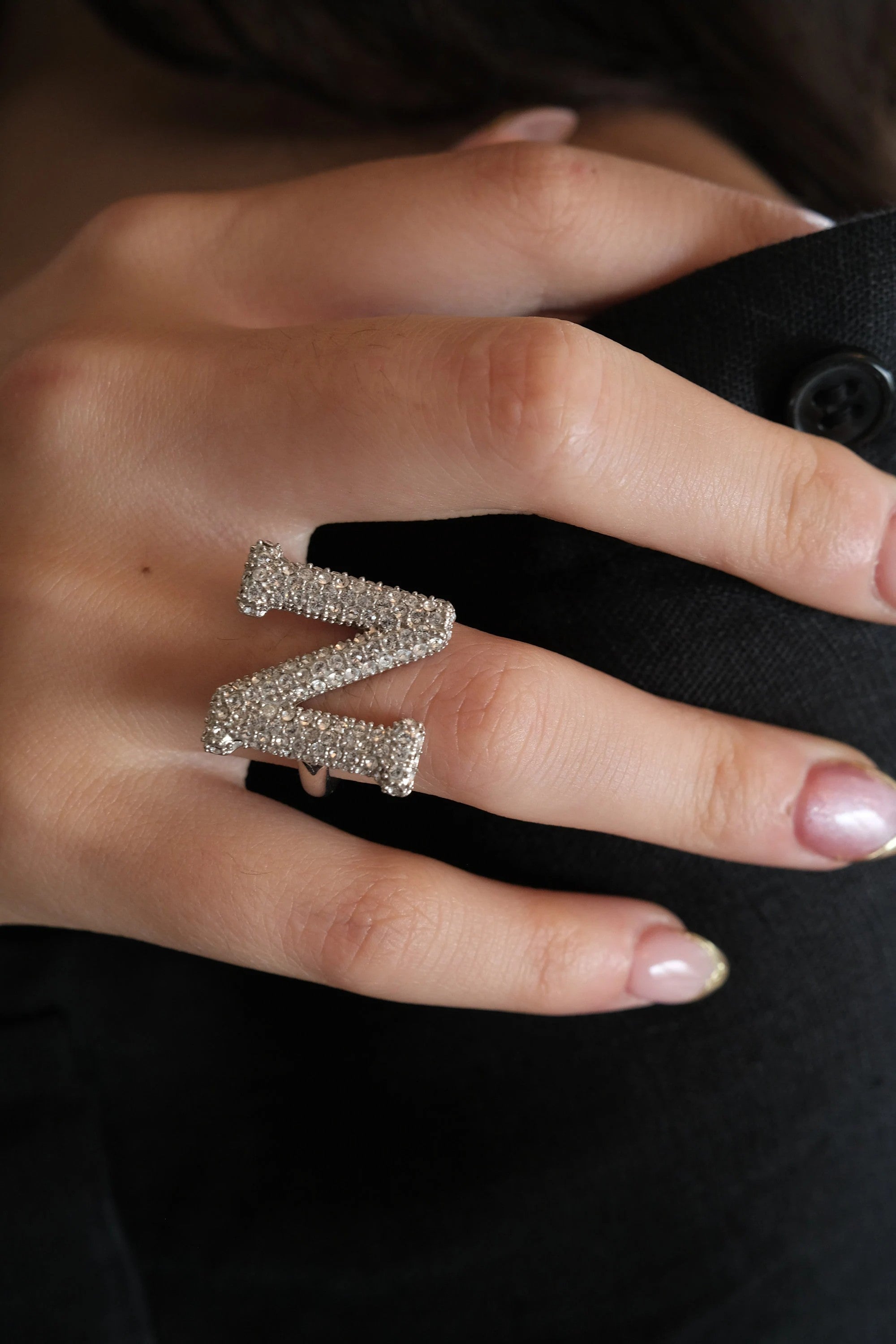 Alphabet Ring Initial N Swarovski Crystals Free Size Sterling