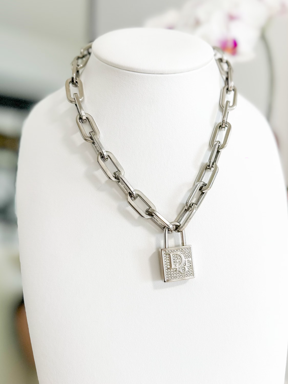 Vintage Christian Dior Chunky Choker Necklace Padlock Silver Tone Rhin Bujor Japan