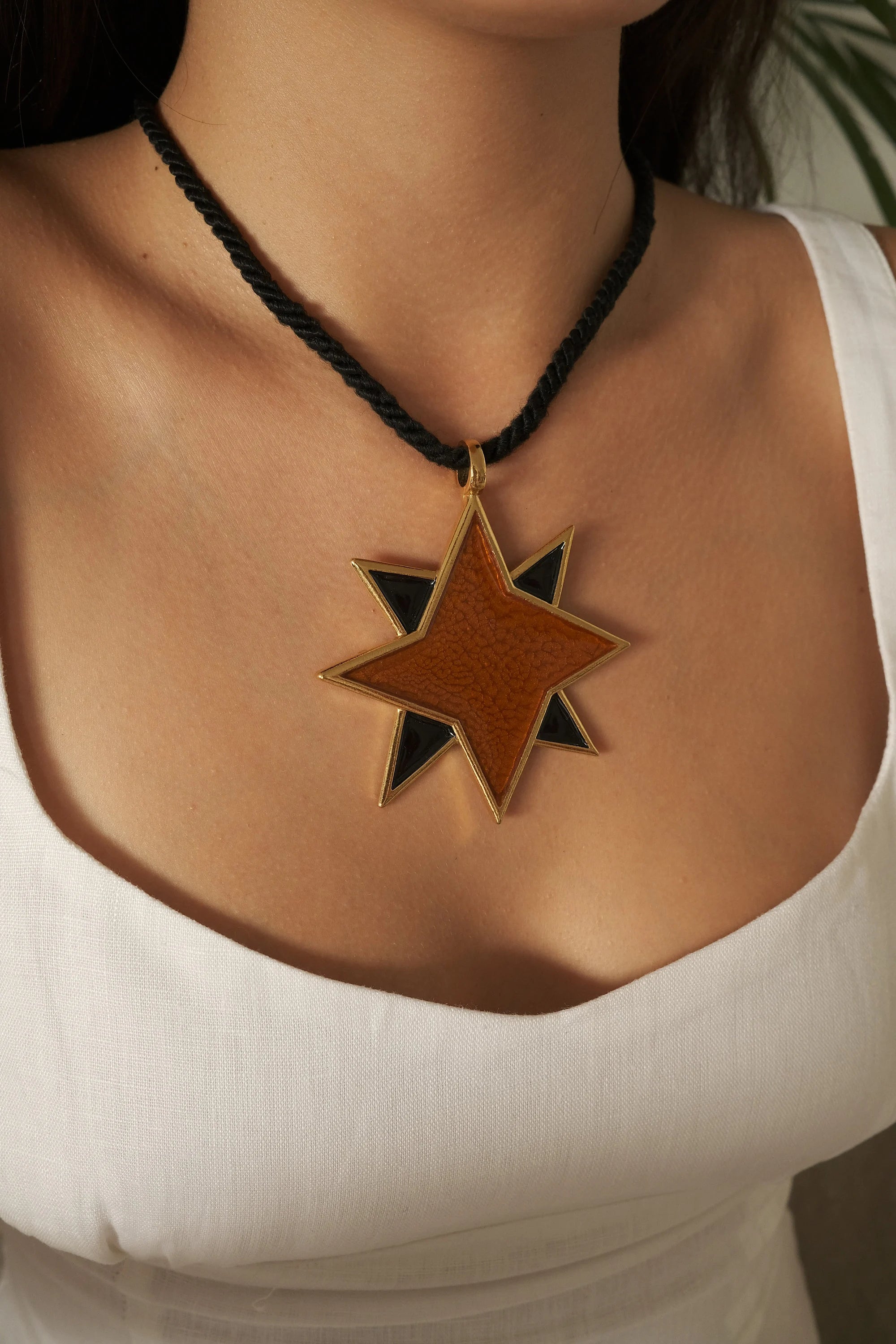 YSL Yves Saint Laurent Vintage Large Star Pendant Necklace Black Cord Bujor Japan