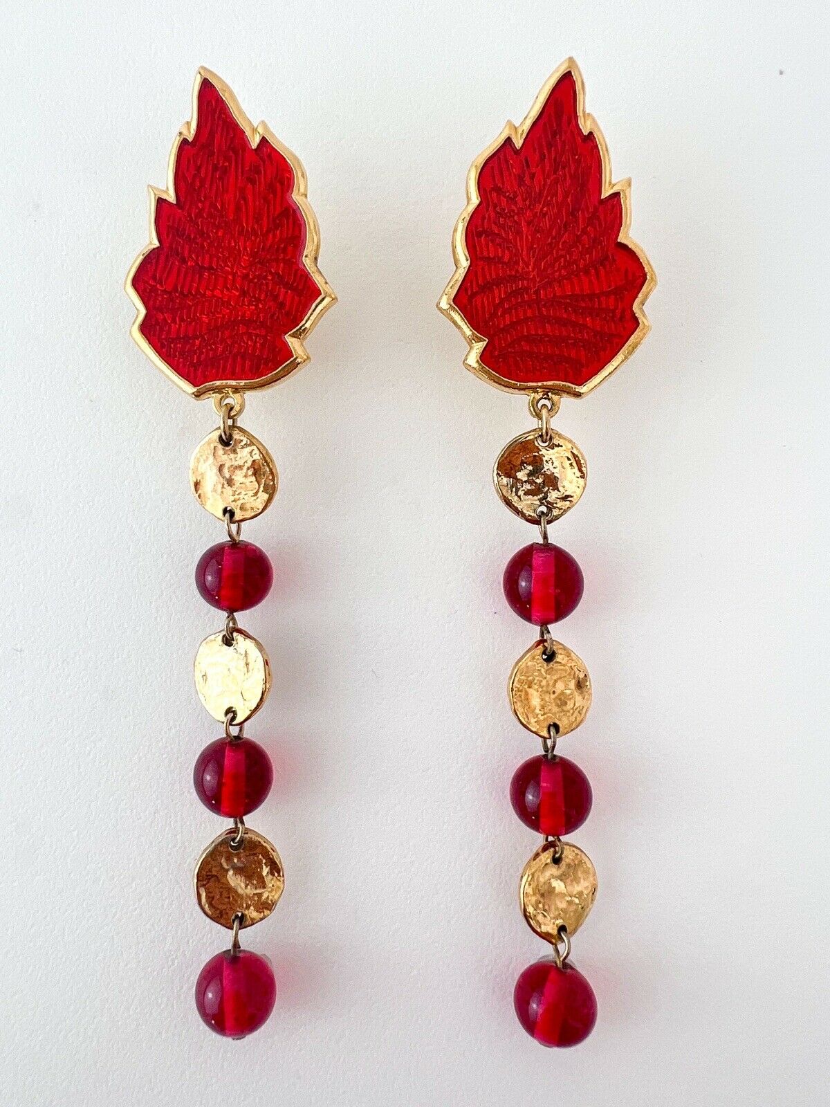 YSL Yves Saint Laurent Vintage Gold Tone Leaf Long Earrings Ruby