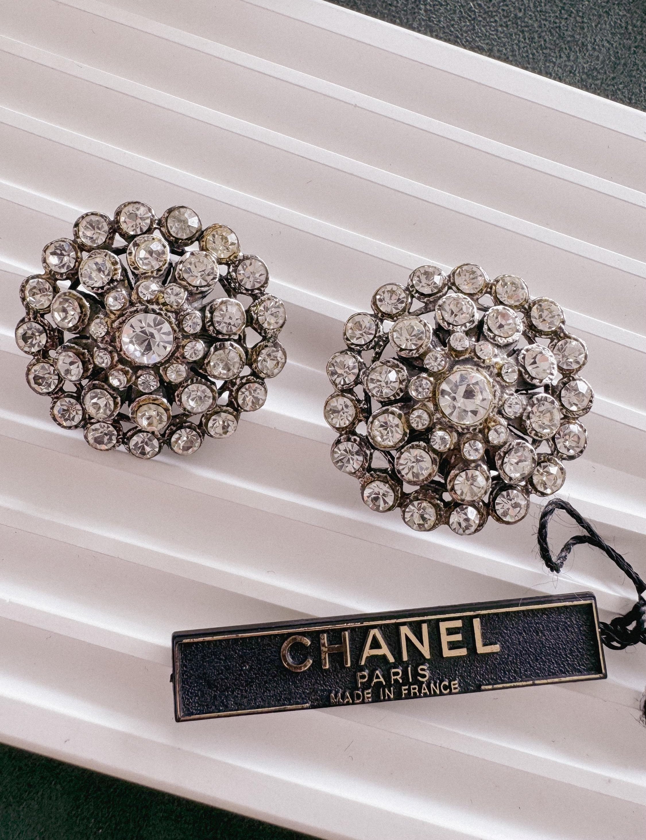 Vintage Chanel earrings, 1995 Chanel jewelry, Chanel crystal earrings, made in France, couture statement earrings, vintage Chanel clip-on