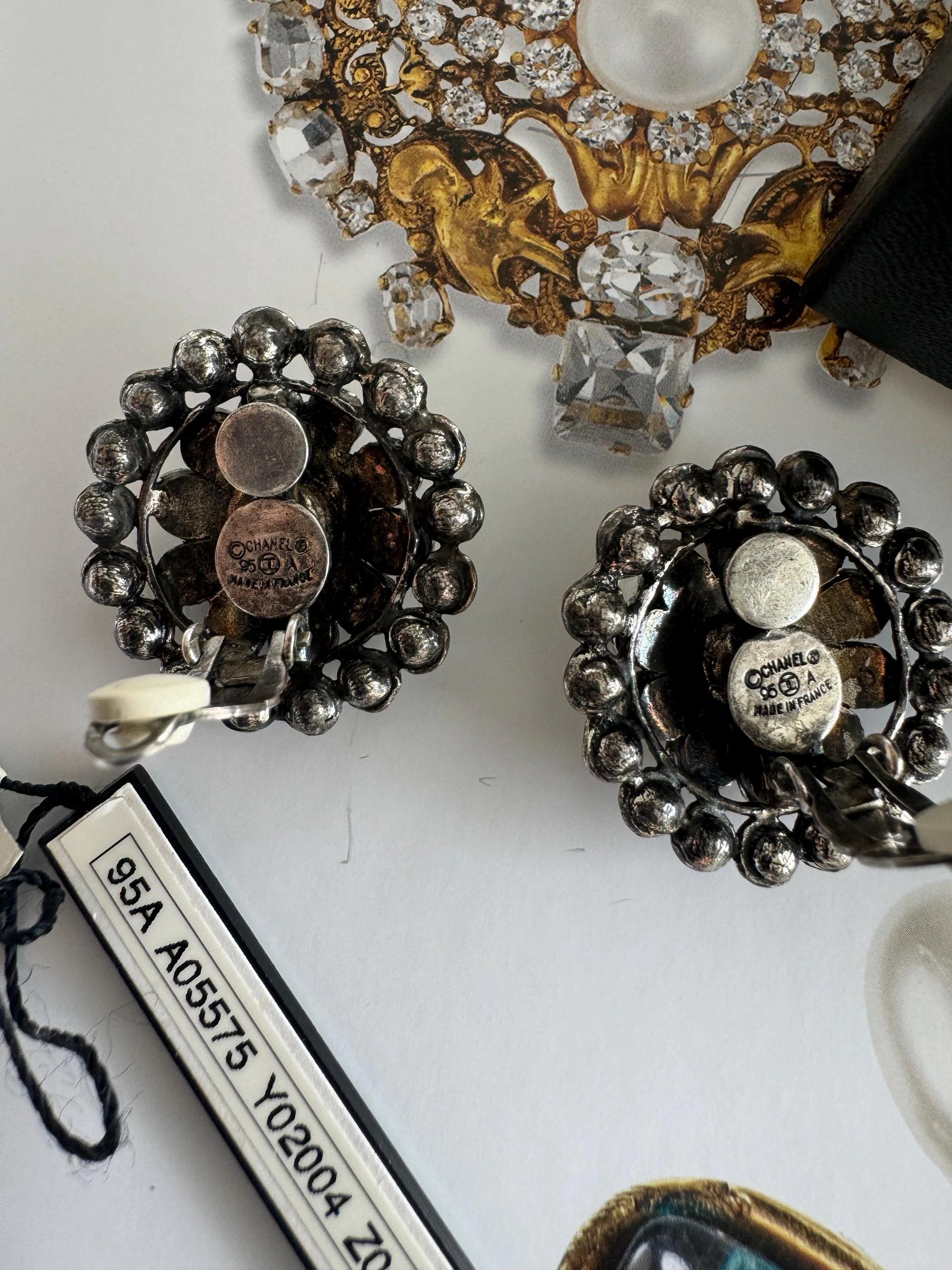 Vintage Chanel earrings, 1995 Chanel jewelry, Chanel crystal earrings, made in France, couture statement earrings, vintage Chanel clip-on