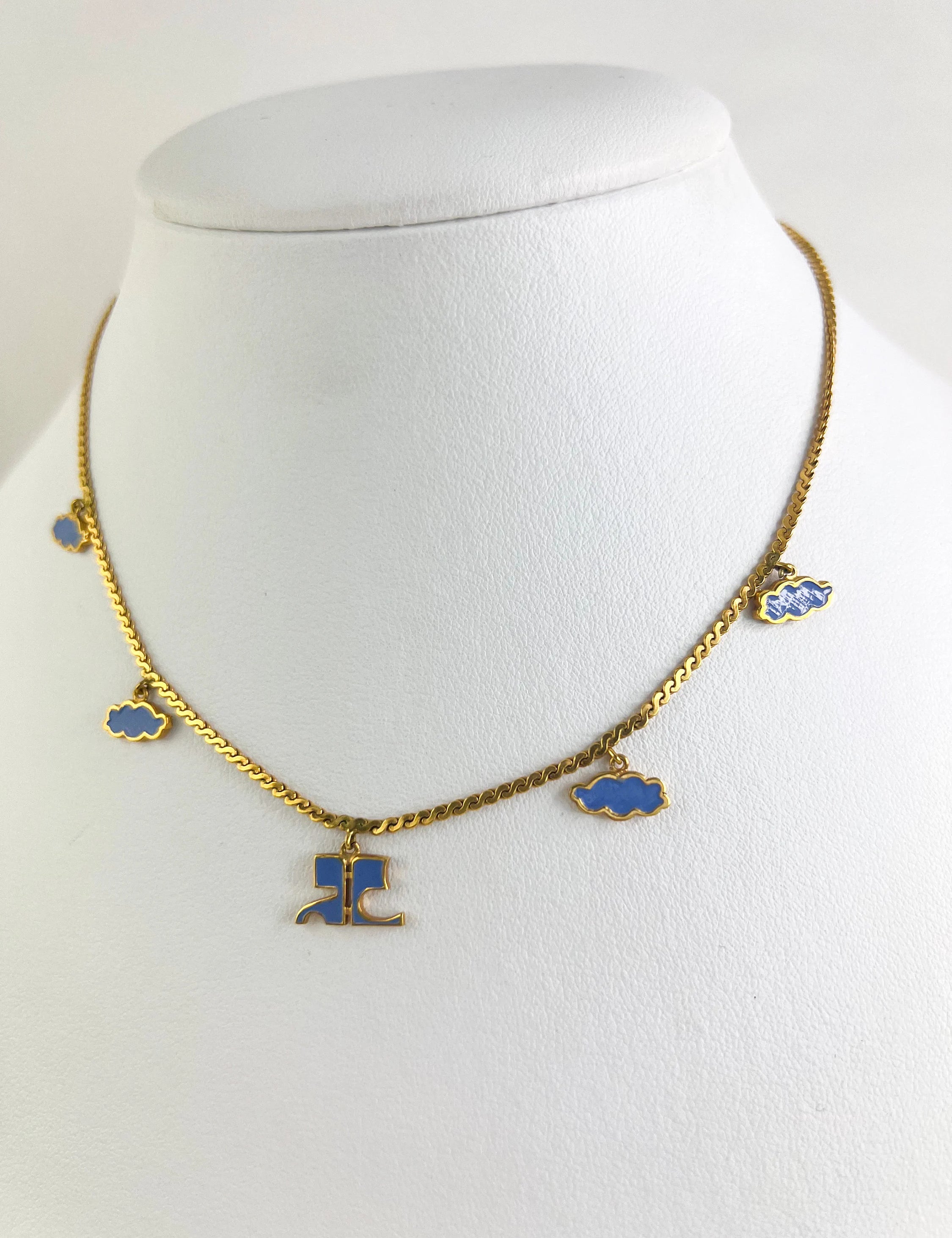 Vintage Courreges, Gold Tiny Logo Necklace, birthday gift for her Dainty & Minimalist Dangling Small Charms Choker Necklace Gold