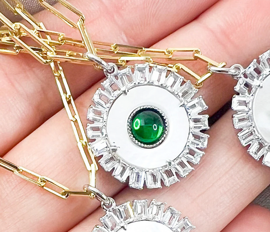 【Green Crystal Rhodium Plated】Lucky Charm Pendant Necklace Evil Eye Sterling Silver925 Mother of Pearl Beautiful