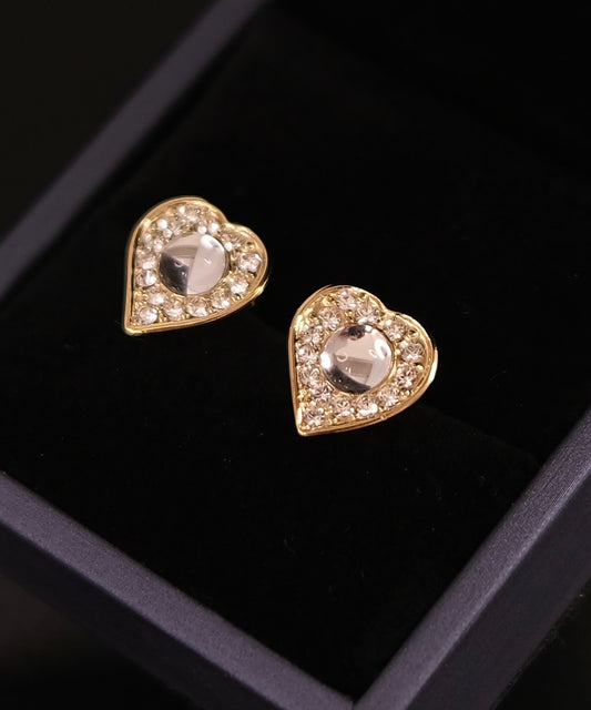 New Heart Gold Stud Earrings Cabochon Sterling Silver 925 Base 2Mc 24K Gorgeous Swarovski Crystal