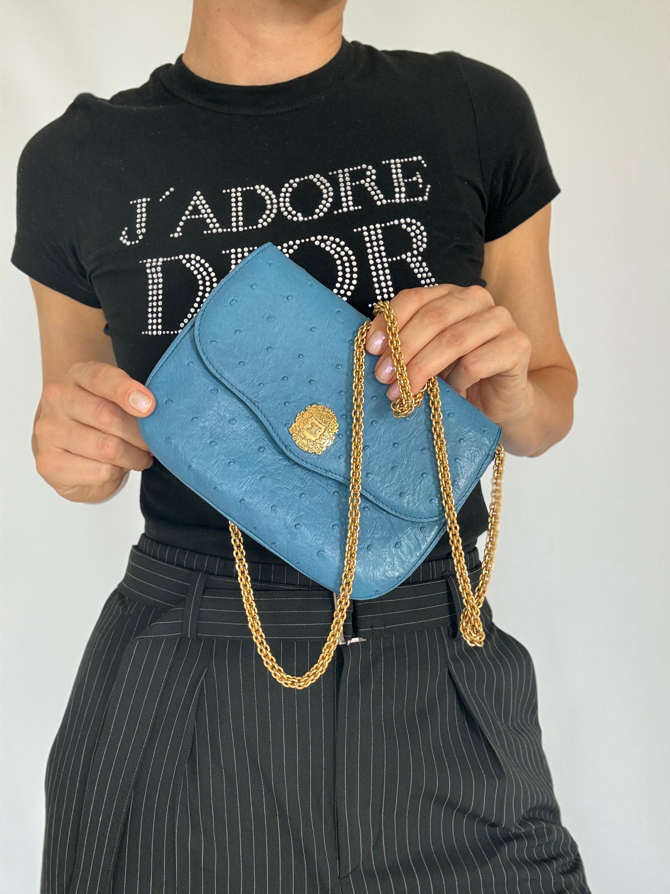 【SOLD OUT】CELINE Vintage Ostrich Leather Blue Gold Chain Shoulder Bag Made in France