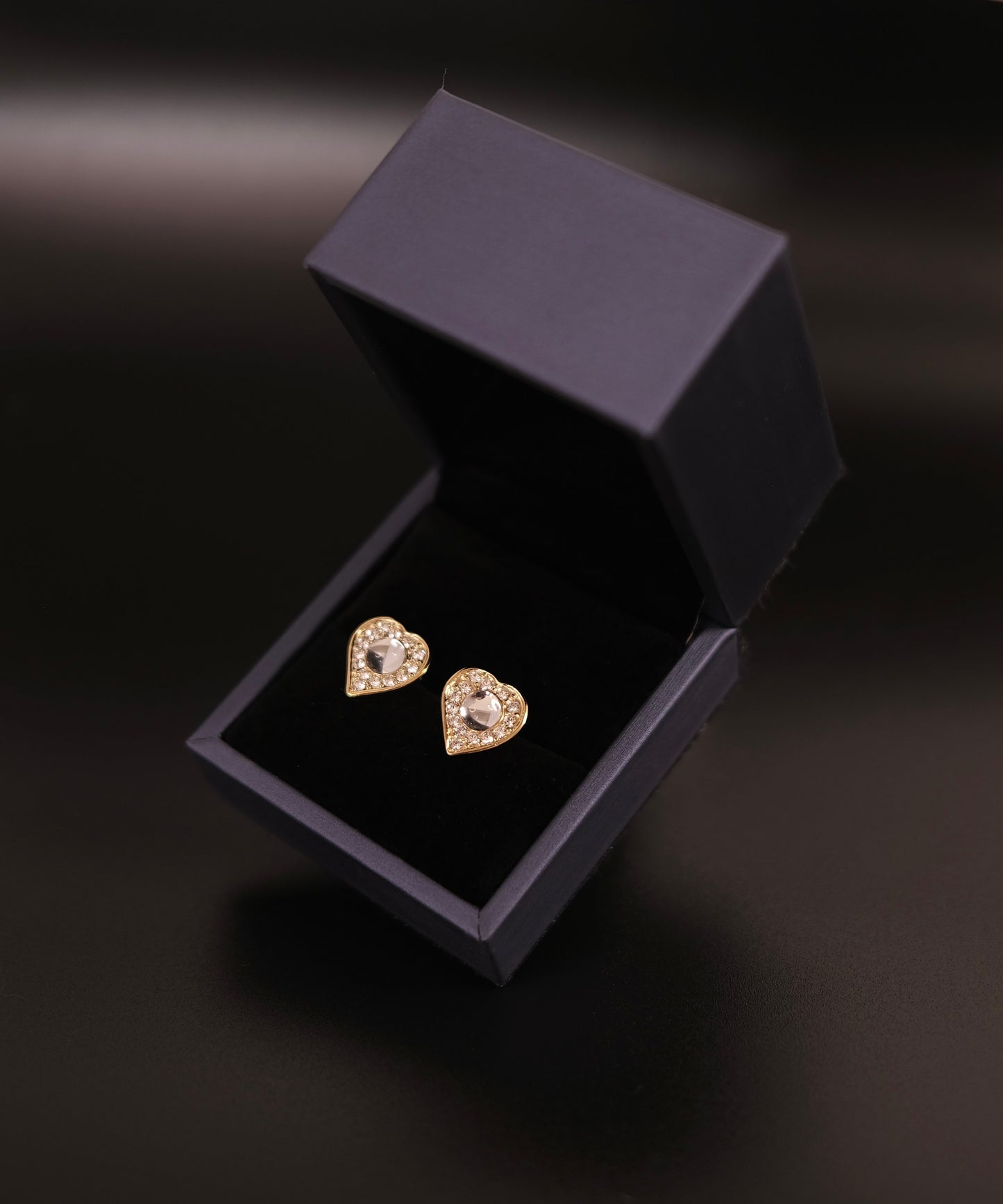 New Heart Gold Stud Earrings Cabochon Sterling Silver 925 Base 2Mc 24K Gorgeous Swarovski Crystal