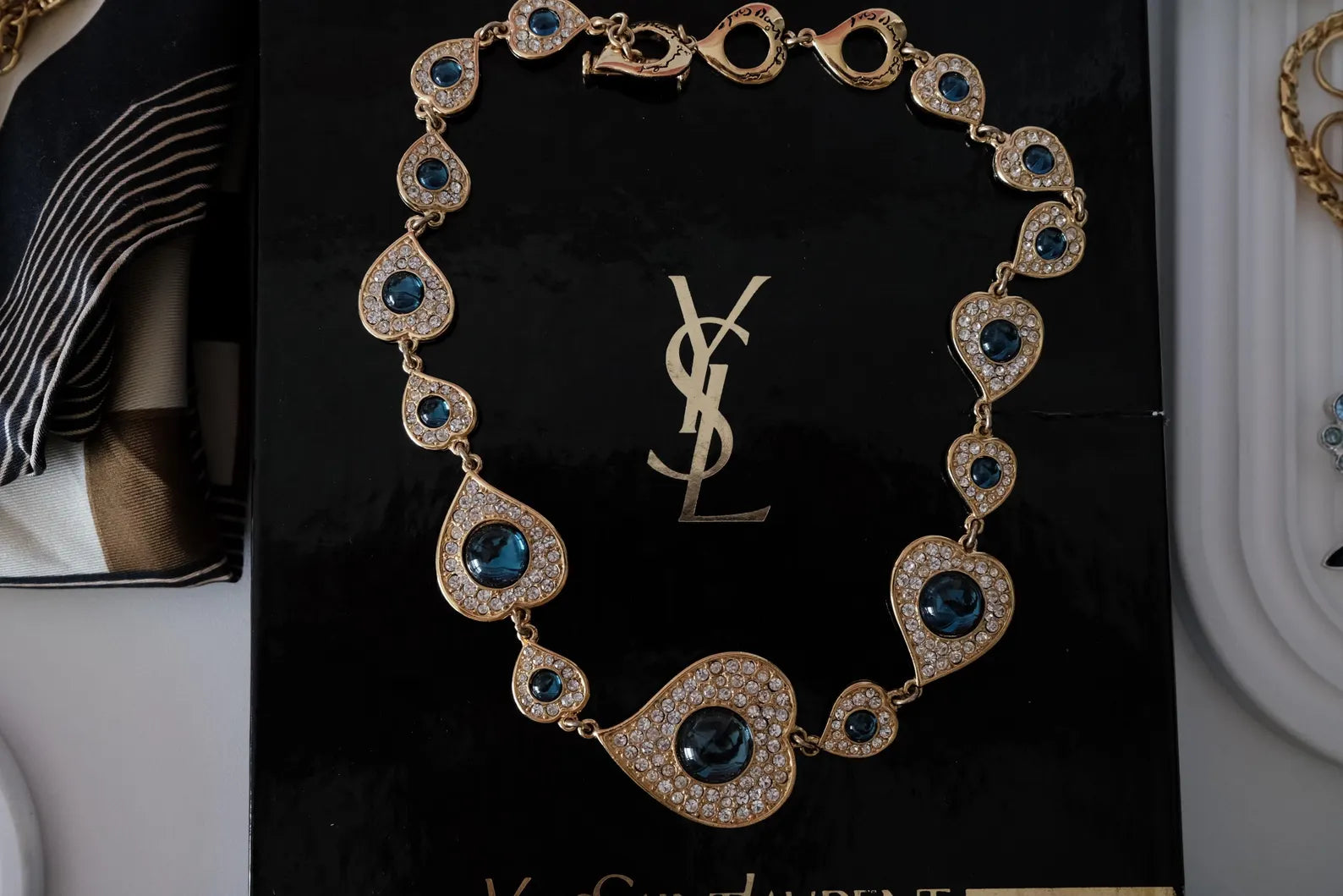 Vintage Yves Saint Laurent Blue Crystal Heart Brooch & Earrings Set Gold Tone
