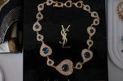 Vintage Yves Saint Laurent Blue Crystal Heart Brooch & Earrings Set Gold Tone