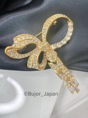 A&S Gold Tone Vintage Brooch Pin Ribbon Bow Rhinestones