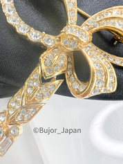 A&S Gold Tone Vintage Brooch Pin Ribbon Bow Rhinestones