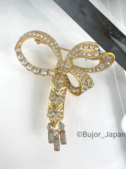 A&S Gold Tone Vintage Brooch Pin Ribbon Bow Rhinestones