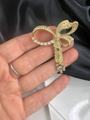 A&S Gold Tone Vintage Brooch Pin Ribbon Bow Rhinestones