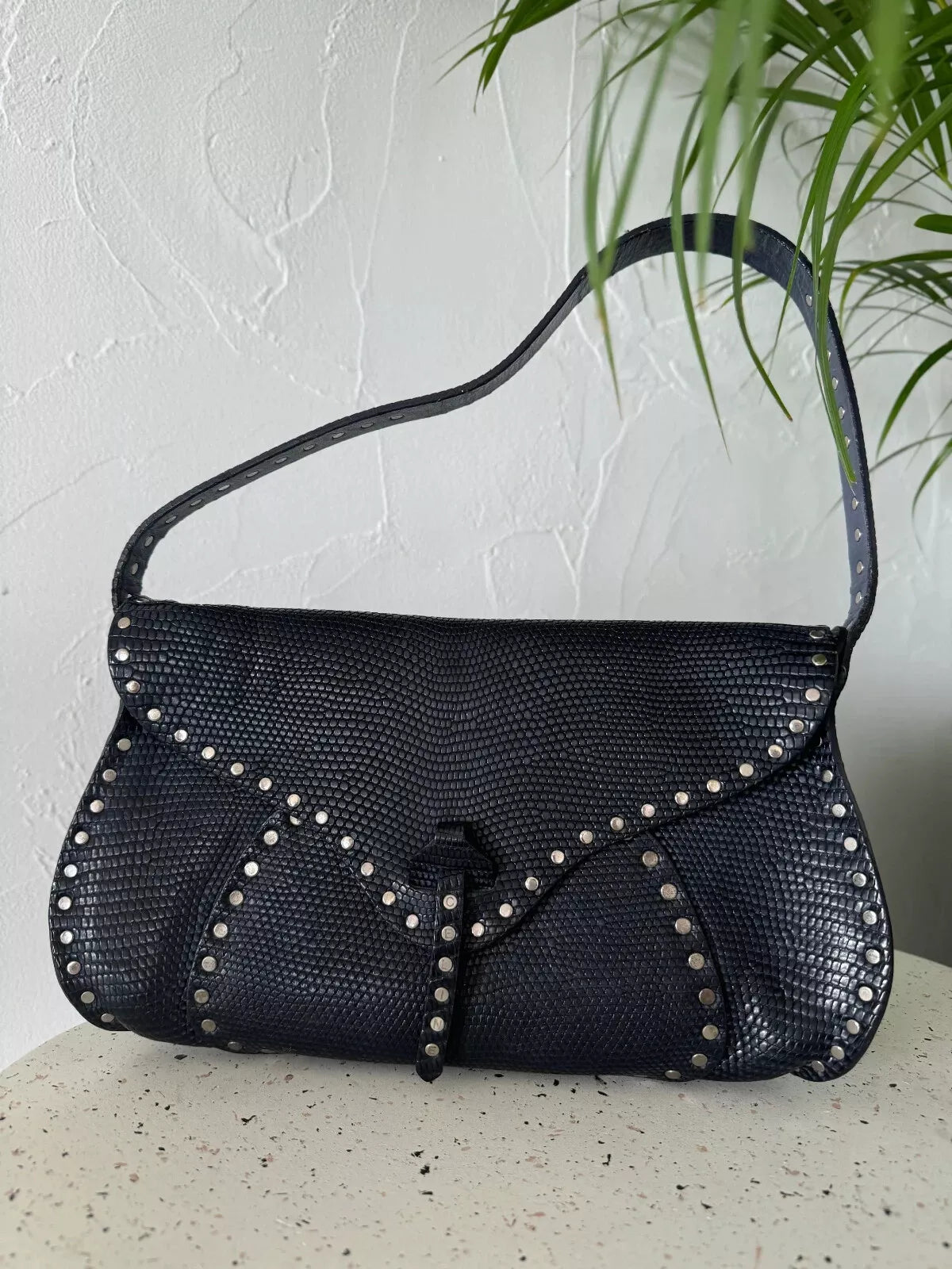 Celine Paris shoulder bag Poulbot lizard handbag blue studded Baguette, Vintage Bags for Women, Vintage Handbag, Bag Women