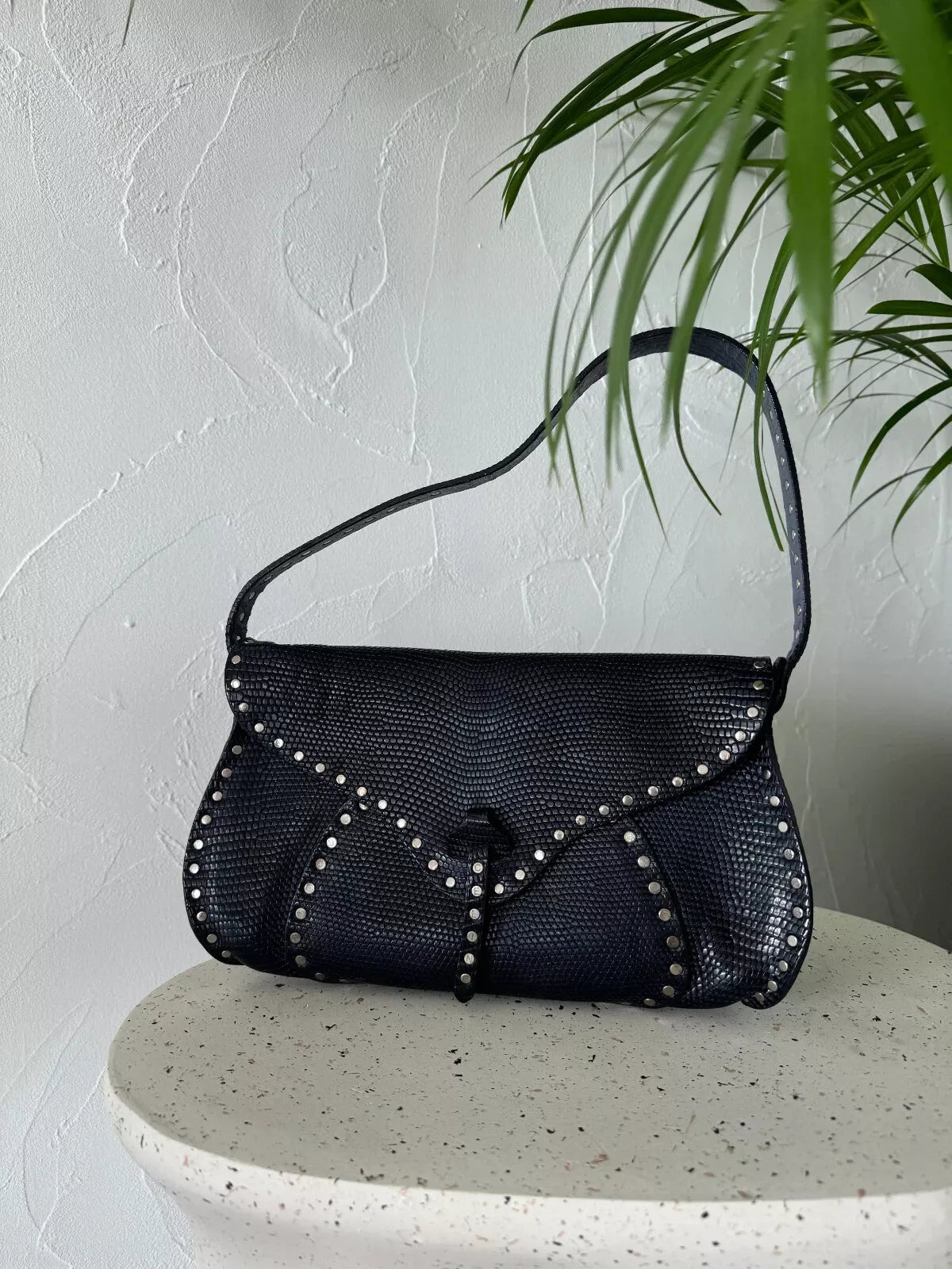 Celine Paris shoulder bag Poulbot lizard handbag blue studded Baguette, Vintage Bags for Women, Vintage Handbag, Bag Women
