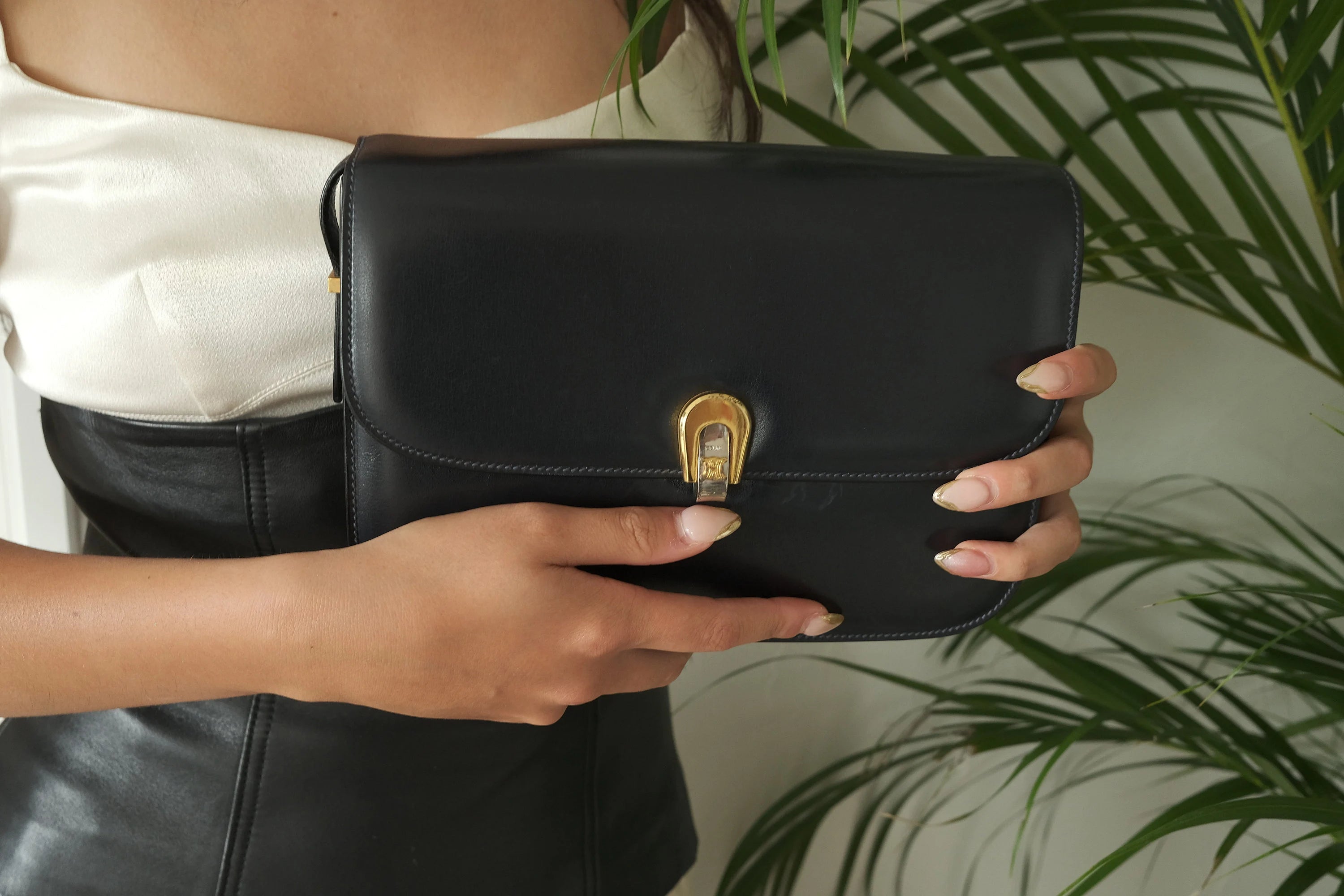 Vintage Celine Paris Triomphe Shoulder Bag Blue Made in Italy Rare Bujor Japan