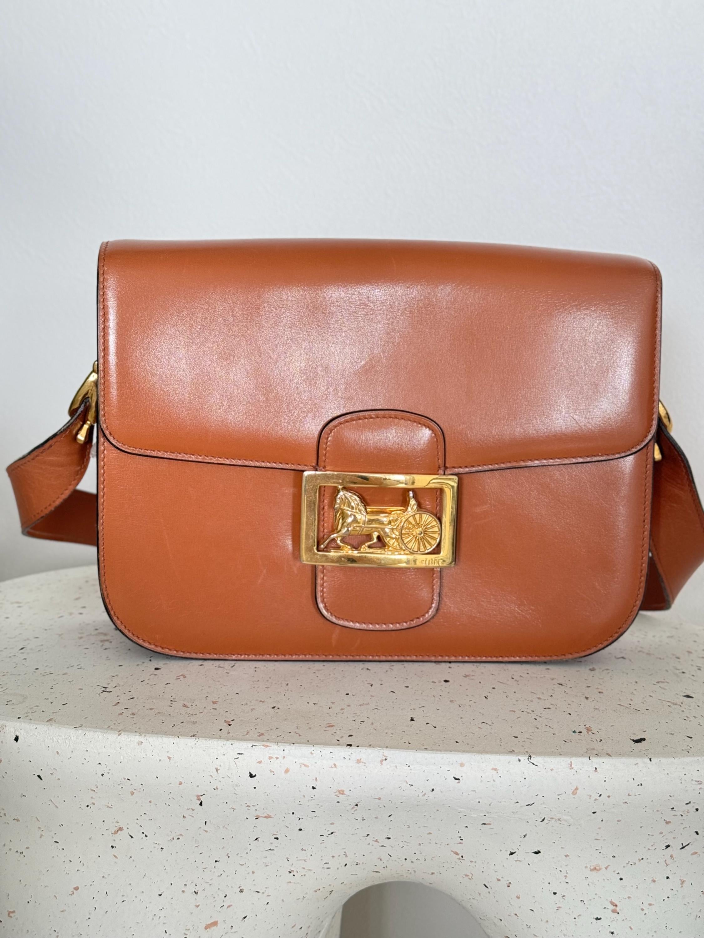 Vintage Celine bag, Celine  Paris Horse carriage Shoulder Bag Brown box Made in Italy, Celine box  bag, Celine 80s, Rare Celine bag