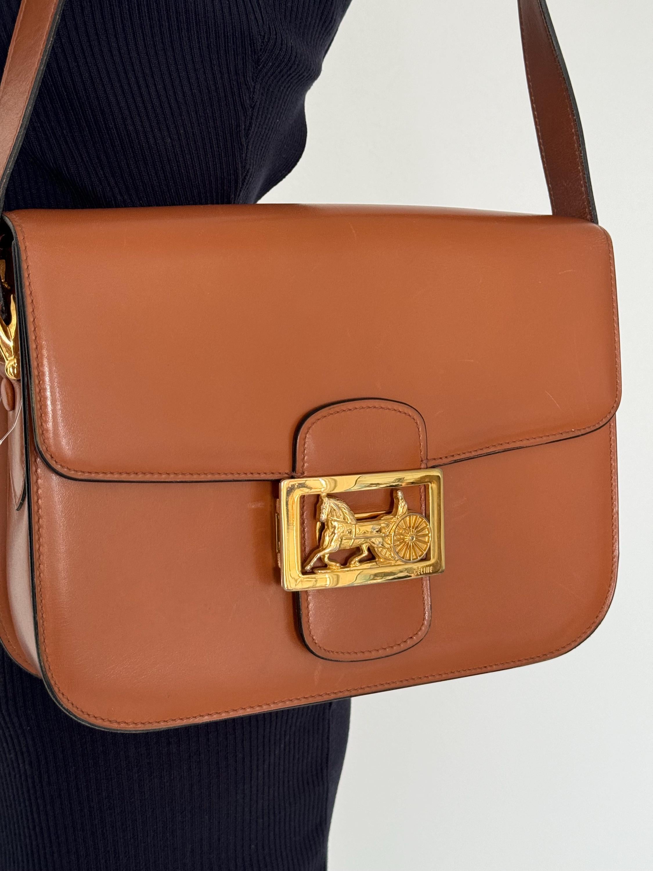 Vintage Celine bag, Celine  Paris Horse carriage Shoulder Bag Brown box Made in Italy, Celine box  bag, Celine 80s, Rare Celine bag