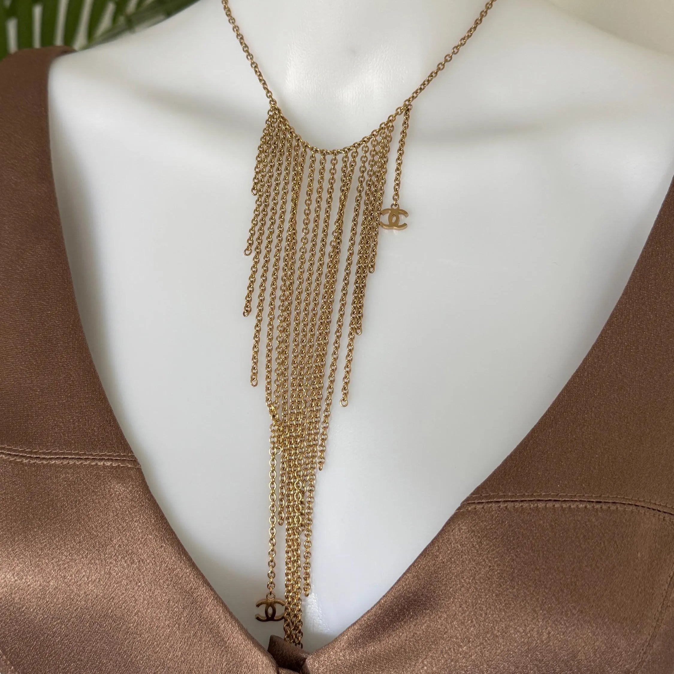 Chanel 2002 Fringe Necklace – Gold Tone Multi-Chain Statement with CC Logos, Vintage Chanel Jewelry Made in France, Chanel choker necklace