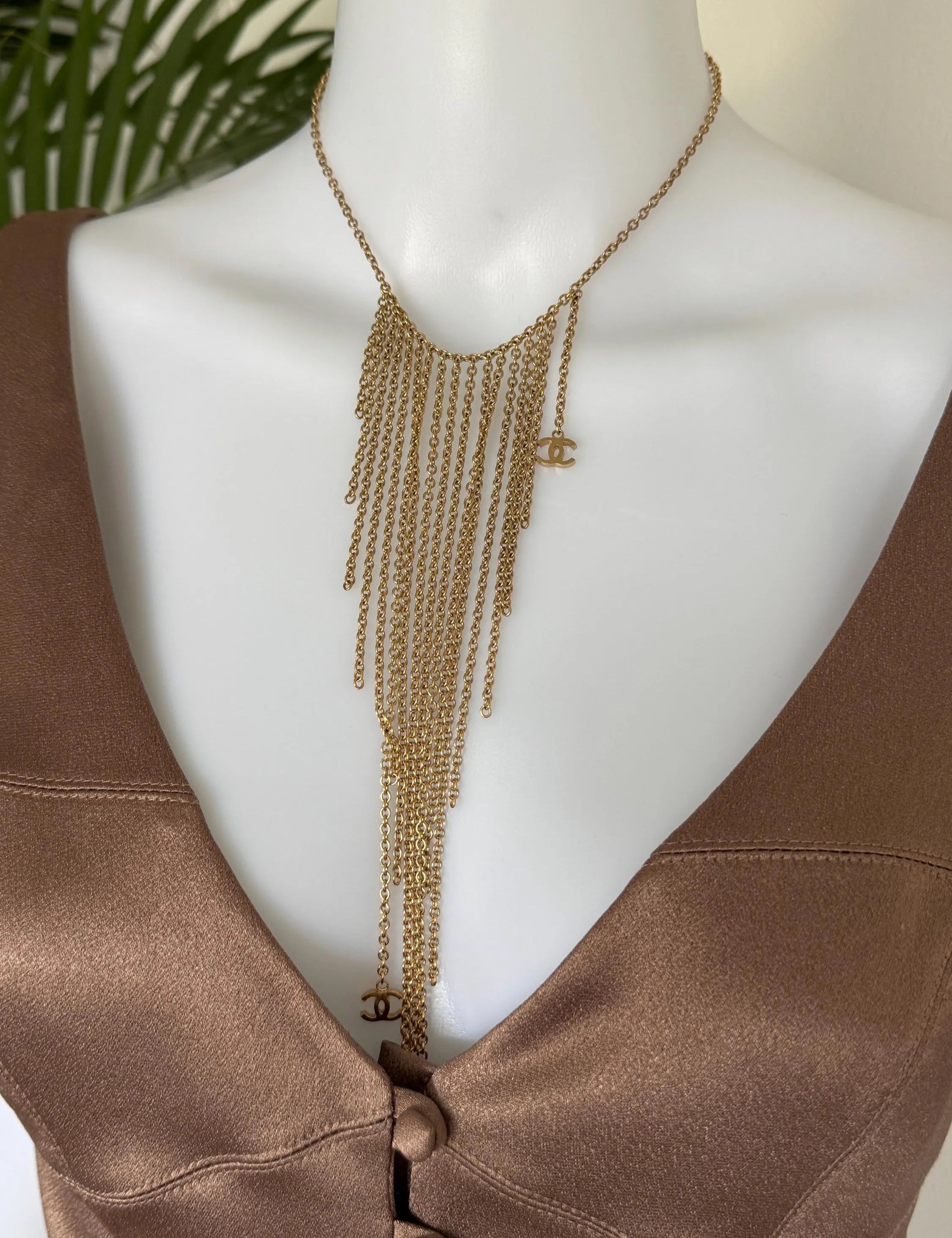 Chanel 2002 Fringe Necklace – Gold Tone Multi-Chain Statement with CC Logos, Vintage Chanel Jewelry Made in France, Chanel choker necklace