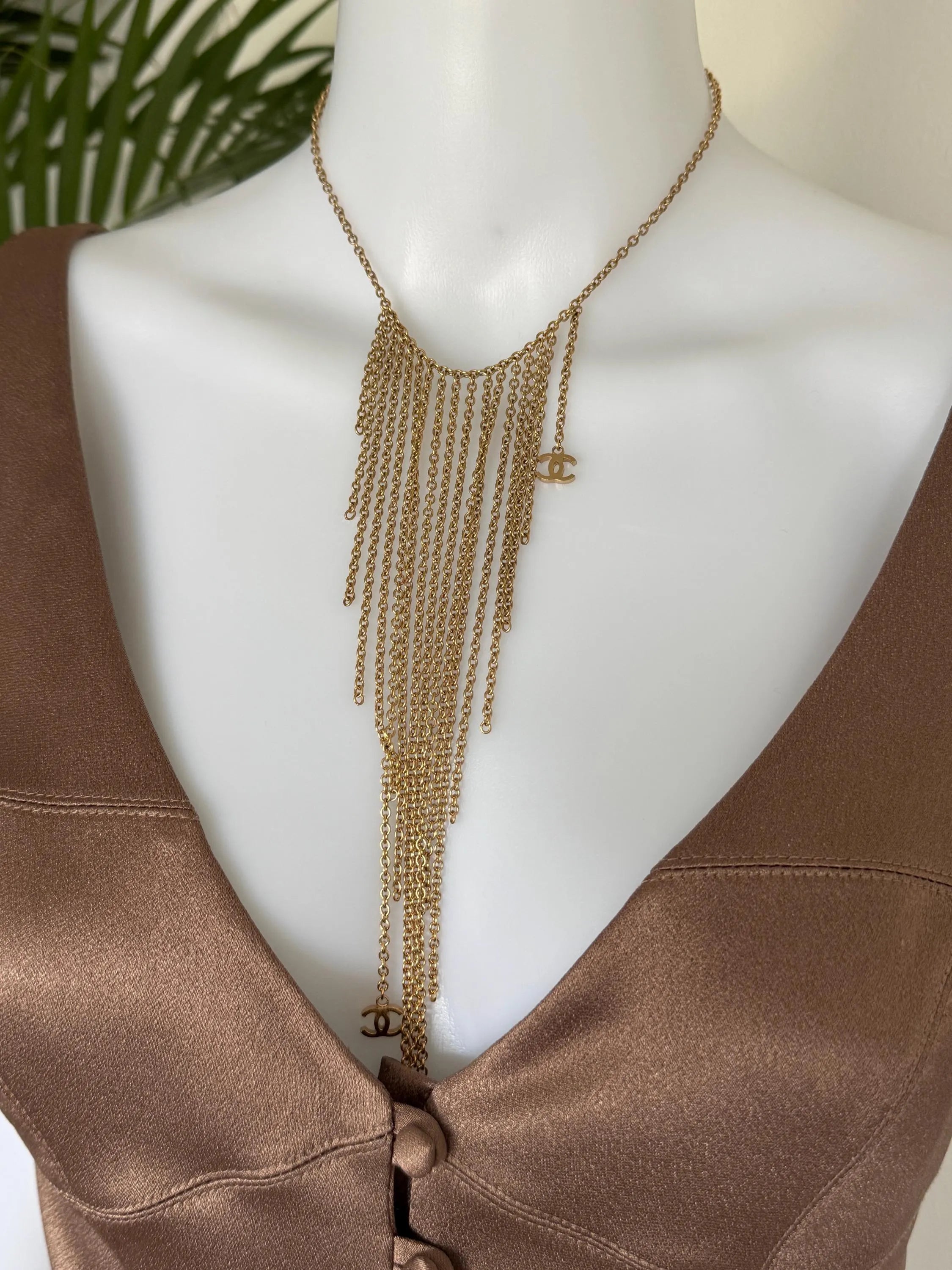 Chanel 2002 Fringe Necklace – Gold Tone Multi-Chain Statement with CC Logos, Vintage Chanel Jewelry Made in France, Chanel choker necklace