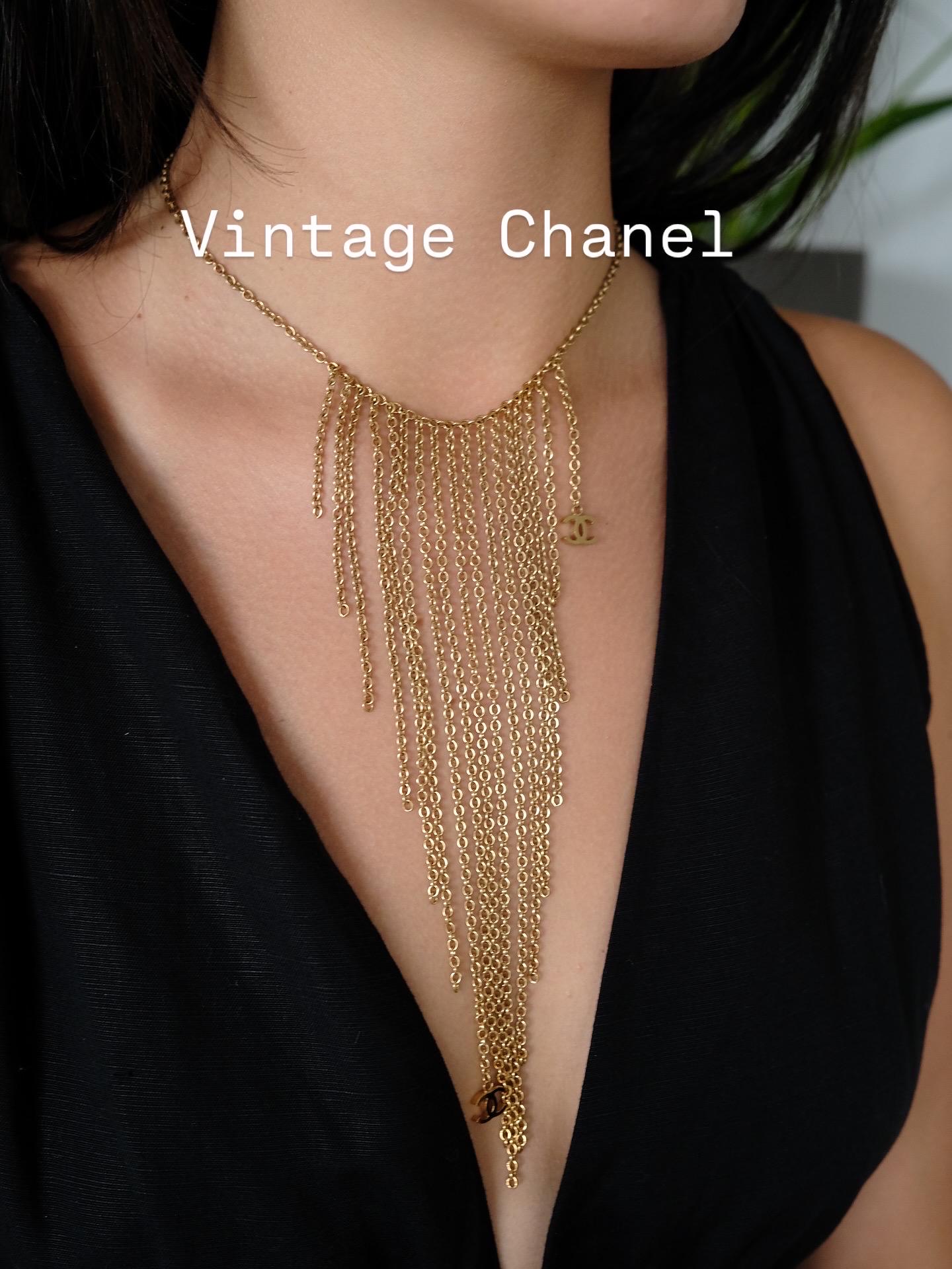 Chanel 2002 Fringe Necklace – Gold Tone Multi-Chain Statement with CC Logos, Vintage Chanel Jewelry Made in France, Chanel choker necklace