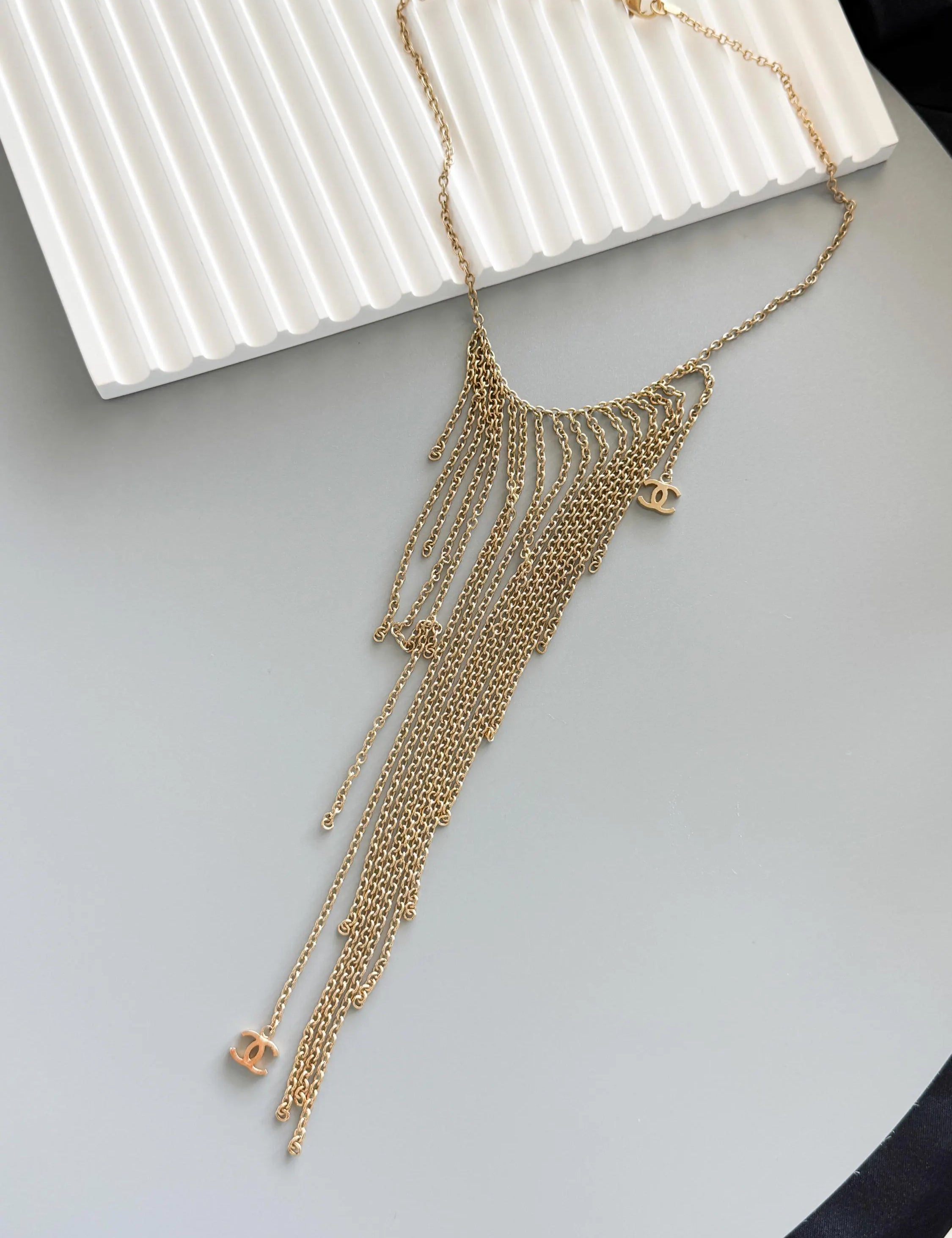 Chanel 2002 Fringe Necklace – Gold Tone Multi-Chain Statement with CC Logos, Vintage Chanel Jewelry Made in France, Chanel choker necklace