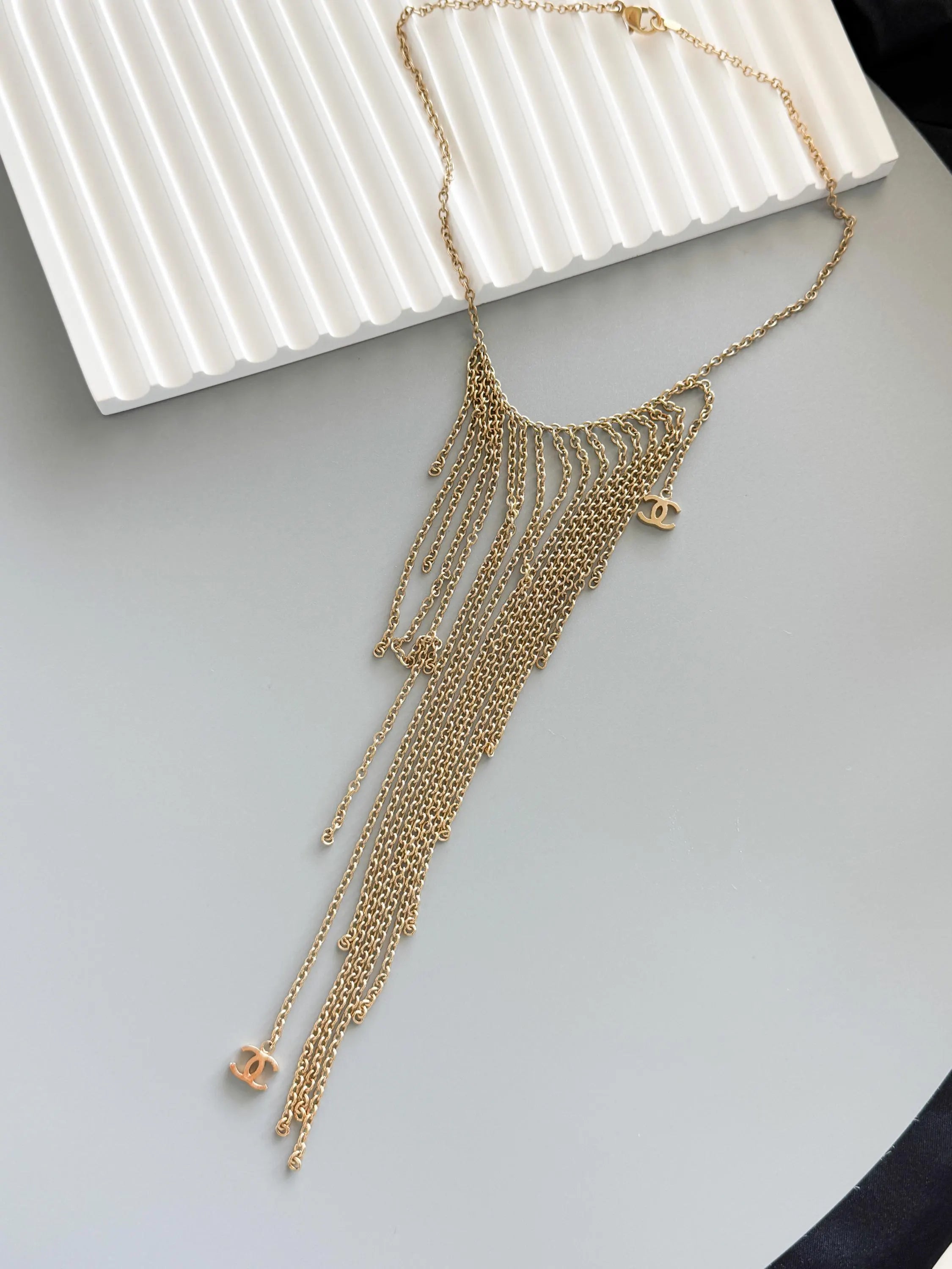 Chanel 2002 Fringe Necklace – Gold Tone Multi-Chain Statement with CC Logos, Vintage Chanel Jewelry Made in France, Chanel choker necklace
