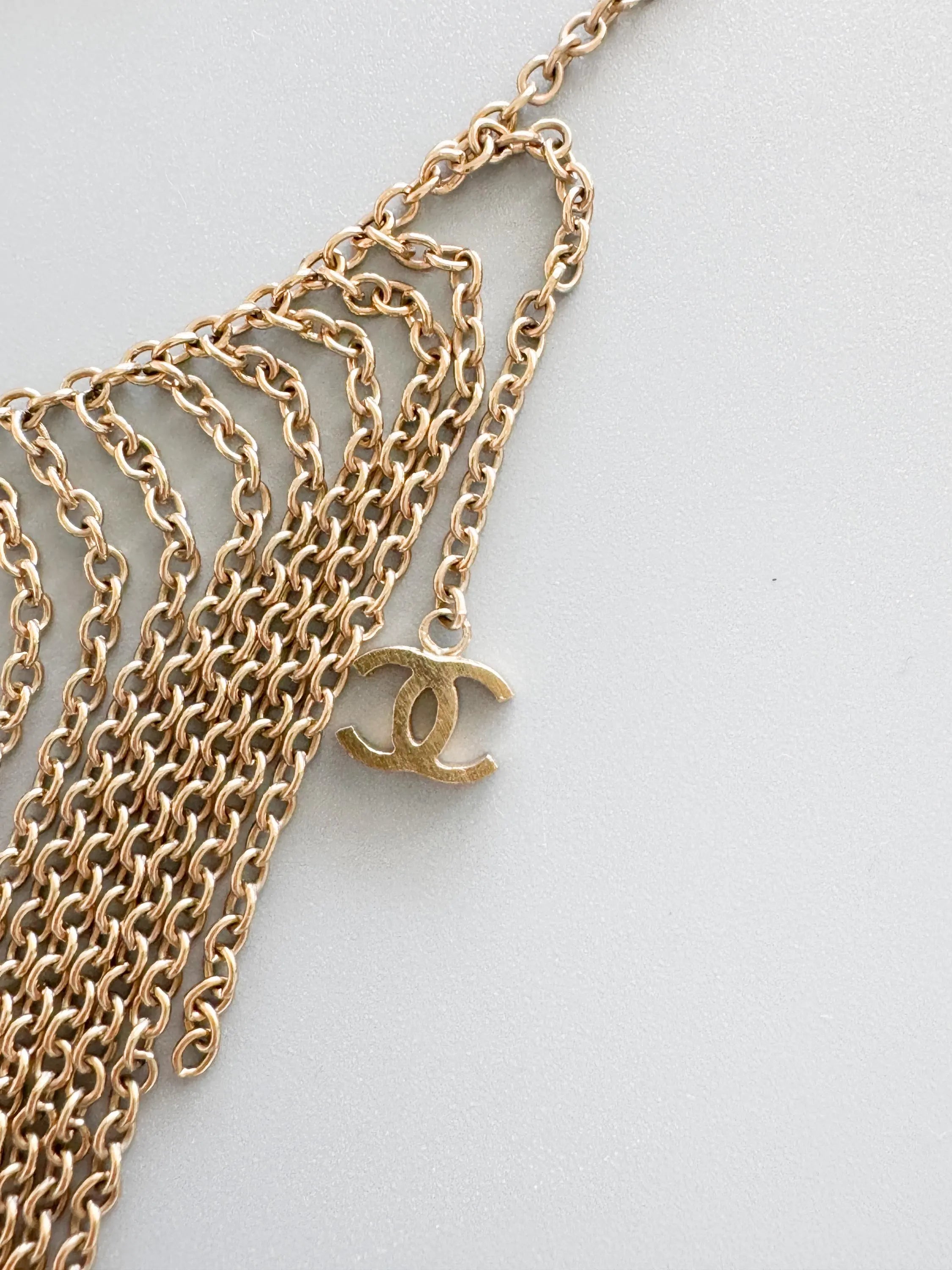 Chanel 2002 Fringe Necklace – Gold Tone Multi-Chain Statement with CC Logos, Vintage Chanel Jewelry Made in France, Chanel choker necklace
