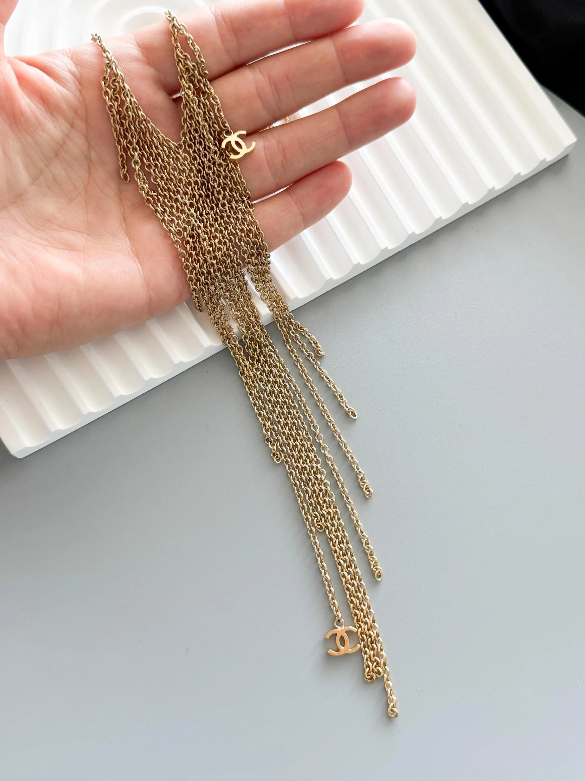 Chanel 2002 Fringe Necklace – Gold Tone Multi-Chain Statement with CC Logos, Vintage Chanel Jewelry Made in France, Chanel choker necklace