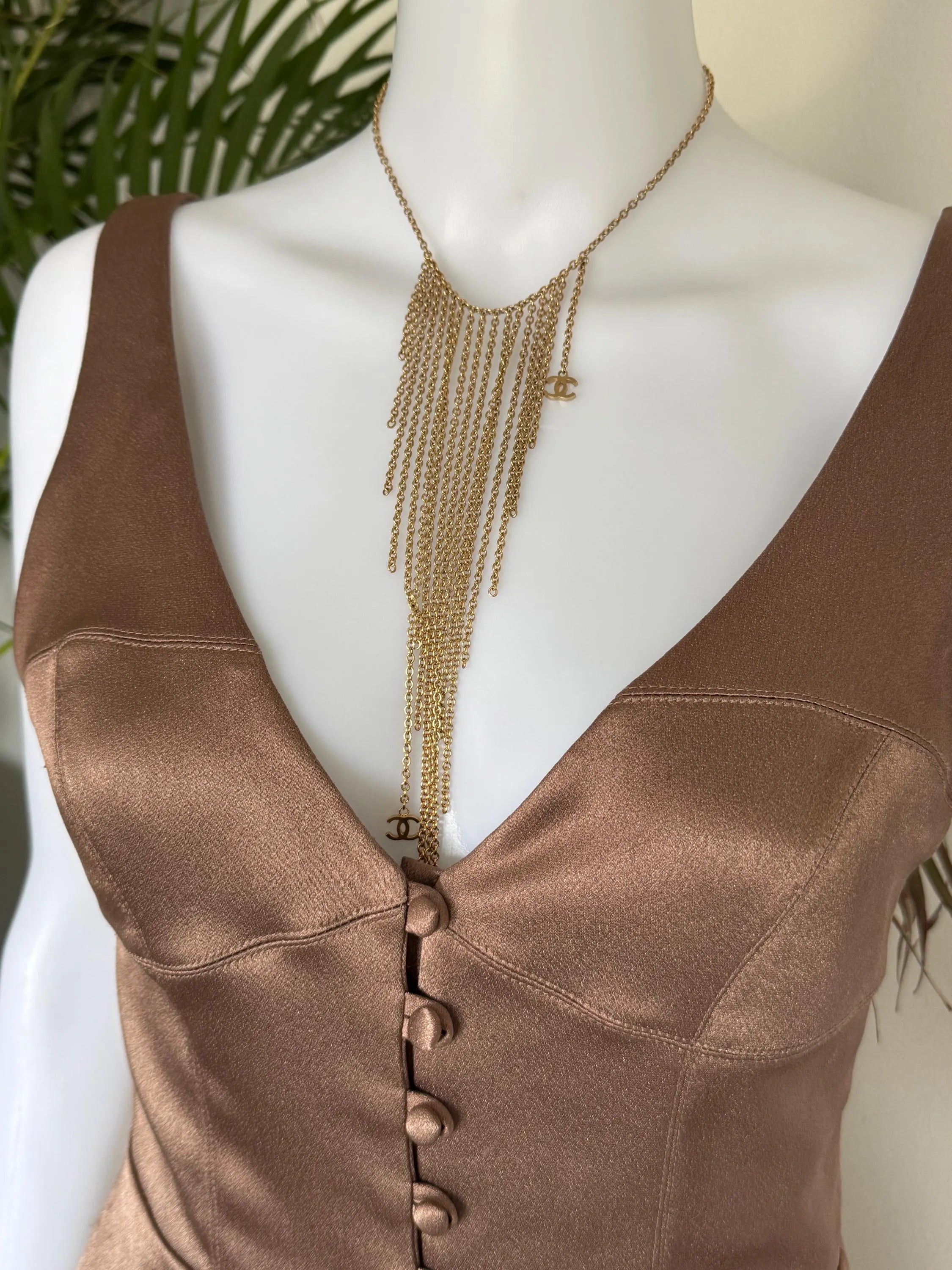 Chanel 2002 Fringe Necklace – Gold Tone Multi-Chain Statement with CC Logos, Vintage Chanel Jewelry Made in France, Chanel choker necklace