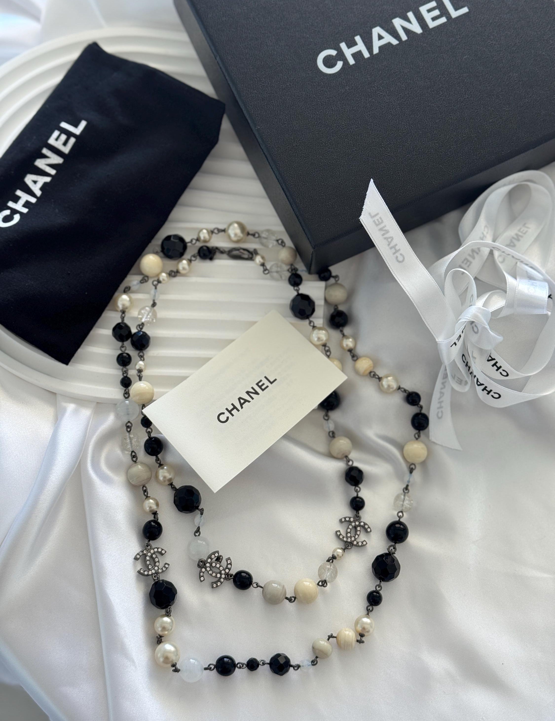 Vintage Chanel Necklace Long CC Logo, Choker Necklace, Beaded Necklace, Made in France , Charm Necklace, Chain Necklace, Vintage Jewelry