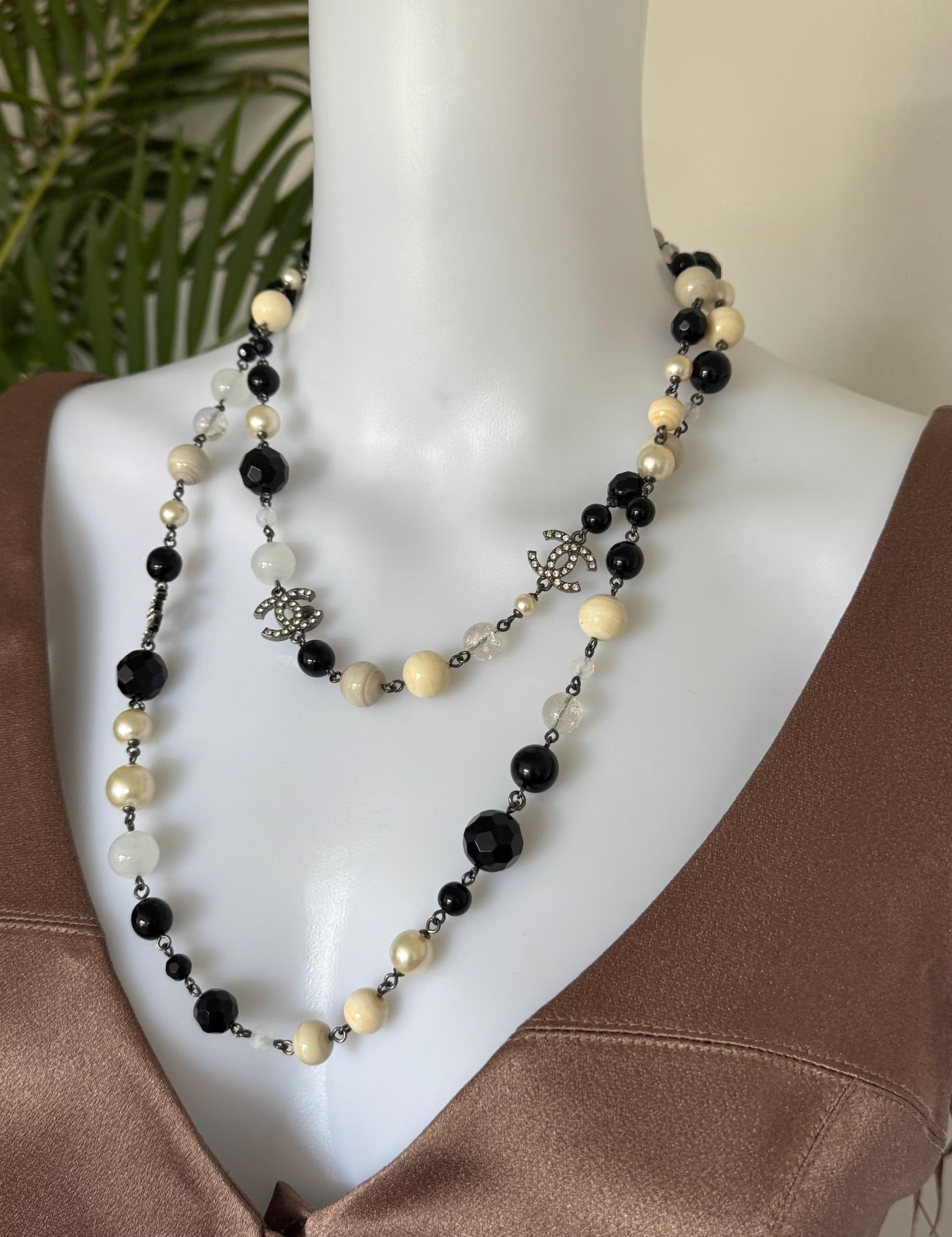 Vintage Chanel Necklace Long CC Logo, Choker Necklace, Beaded Necklace, Made in France , Charm Necklace, Chain Necklace, Vintage Jewelry