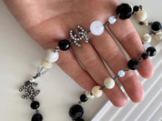 Vintage Chanel Long Necklace Authentic Black & White Beads with Crystal CC Logo