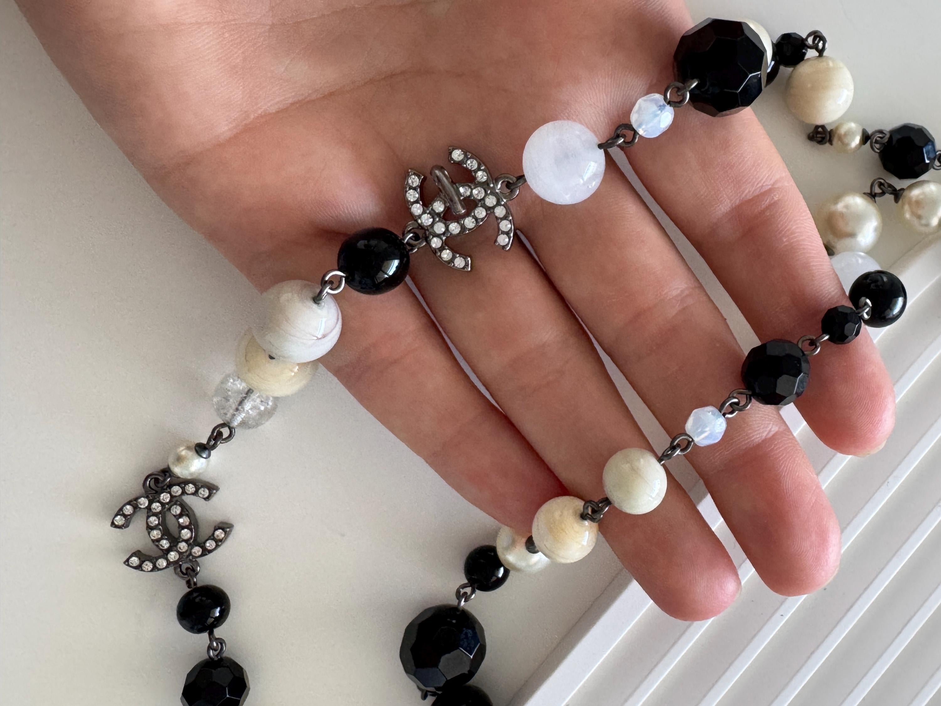Vintage Chanel Long Necklace Authentic Black & White Beads with Crystal CC Logo