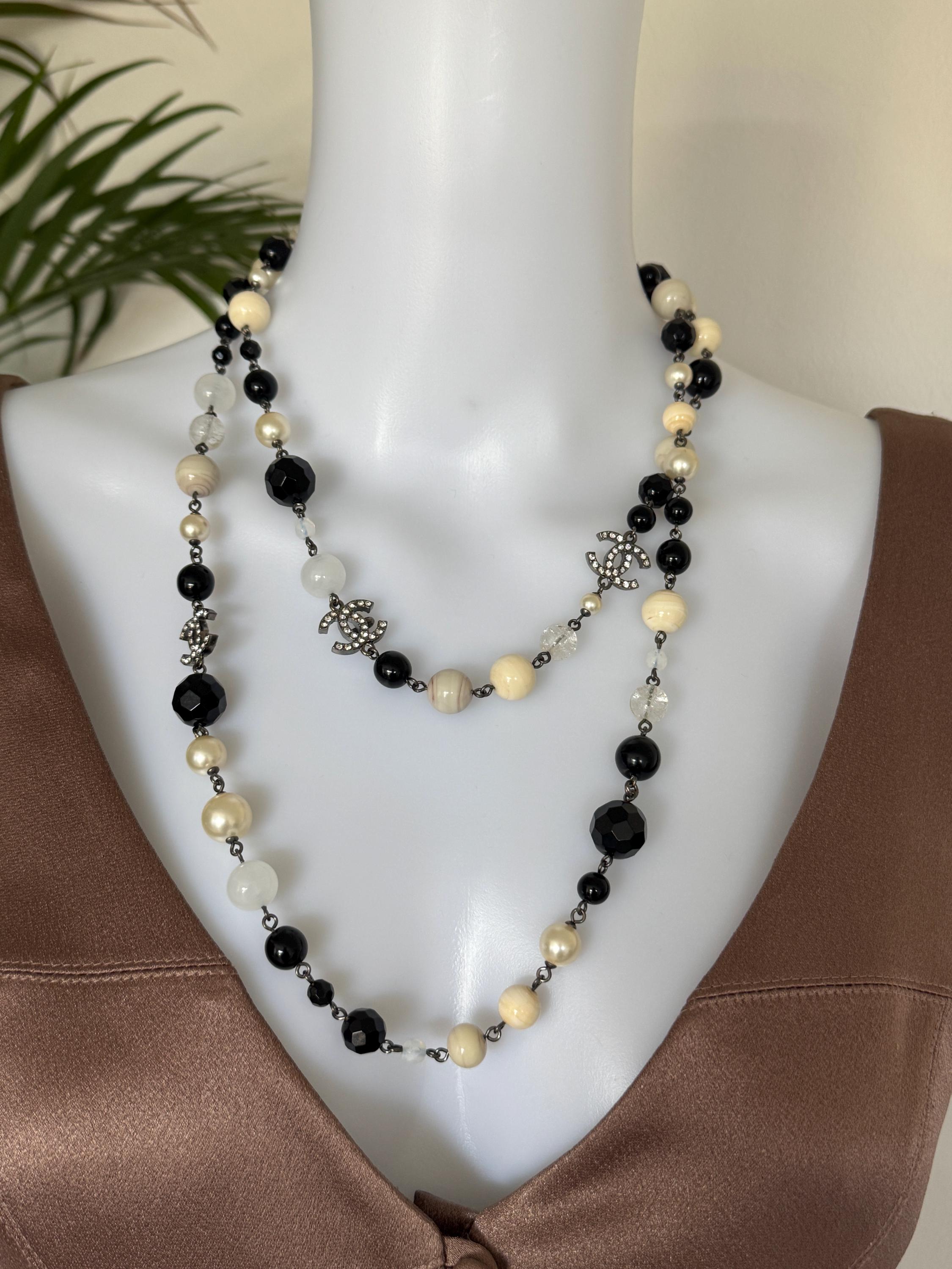 Vintage Chanel Necklace Long CC Logo, Choker Necklace, Beaded Necklace, Made in France , Charm Necklace, Chain Necklace, Vintage Jewelry