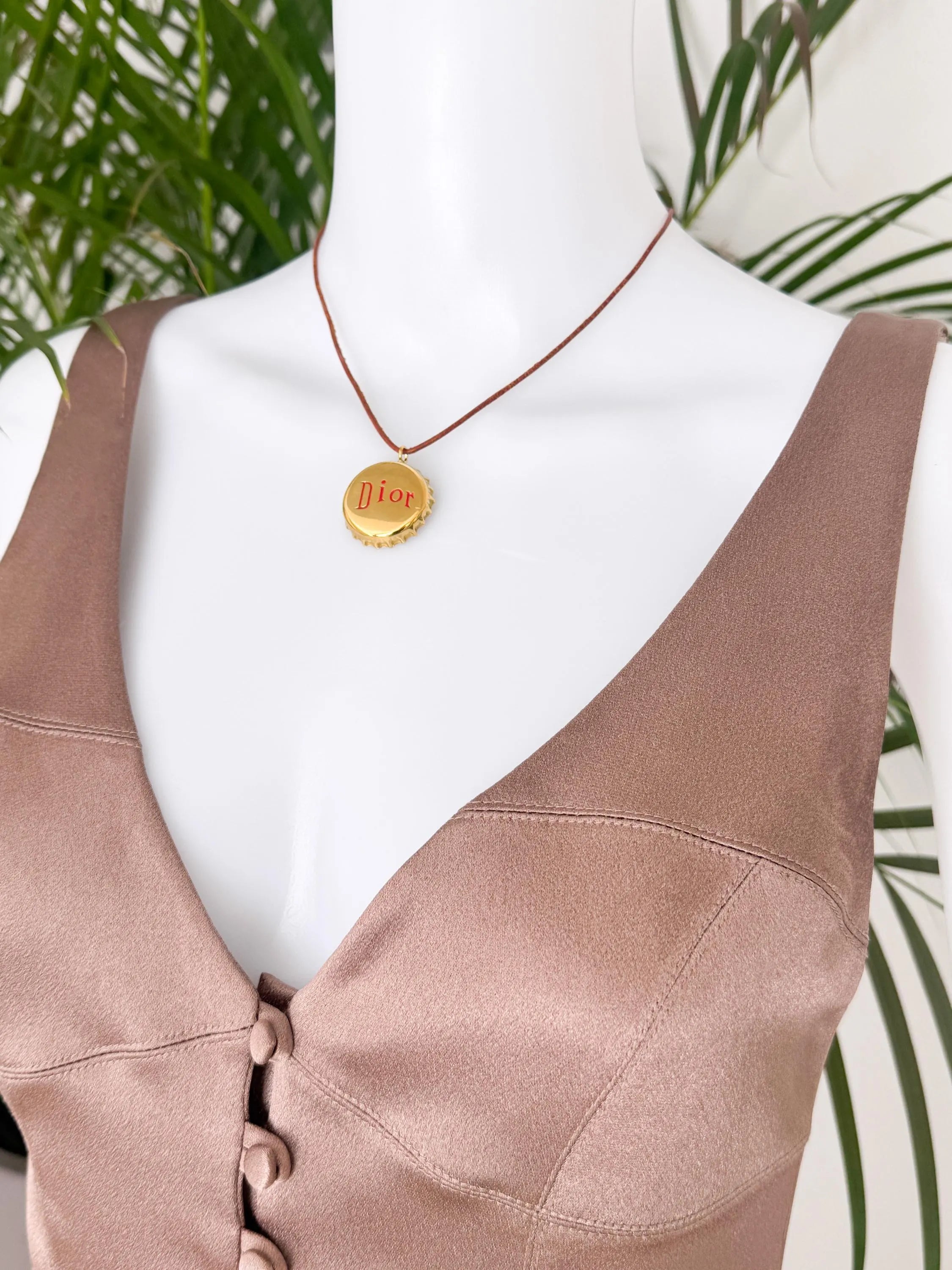 Christian Dior bottle cap necklace, vintage 1990s gold logo pendant designed by John Galliano, rare Dior jewelry