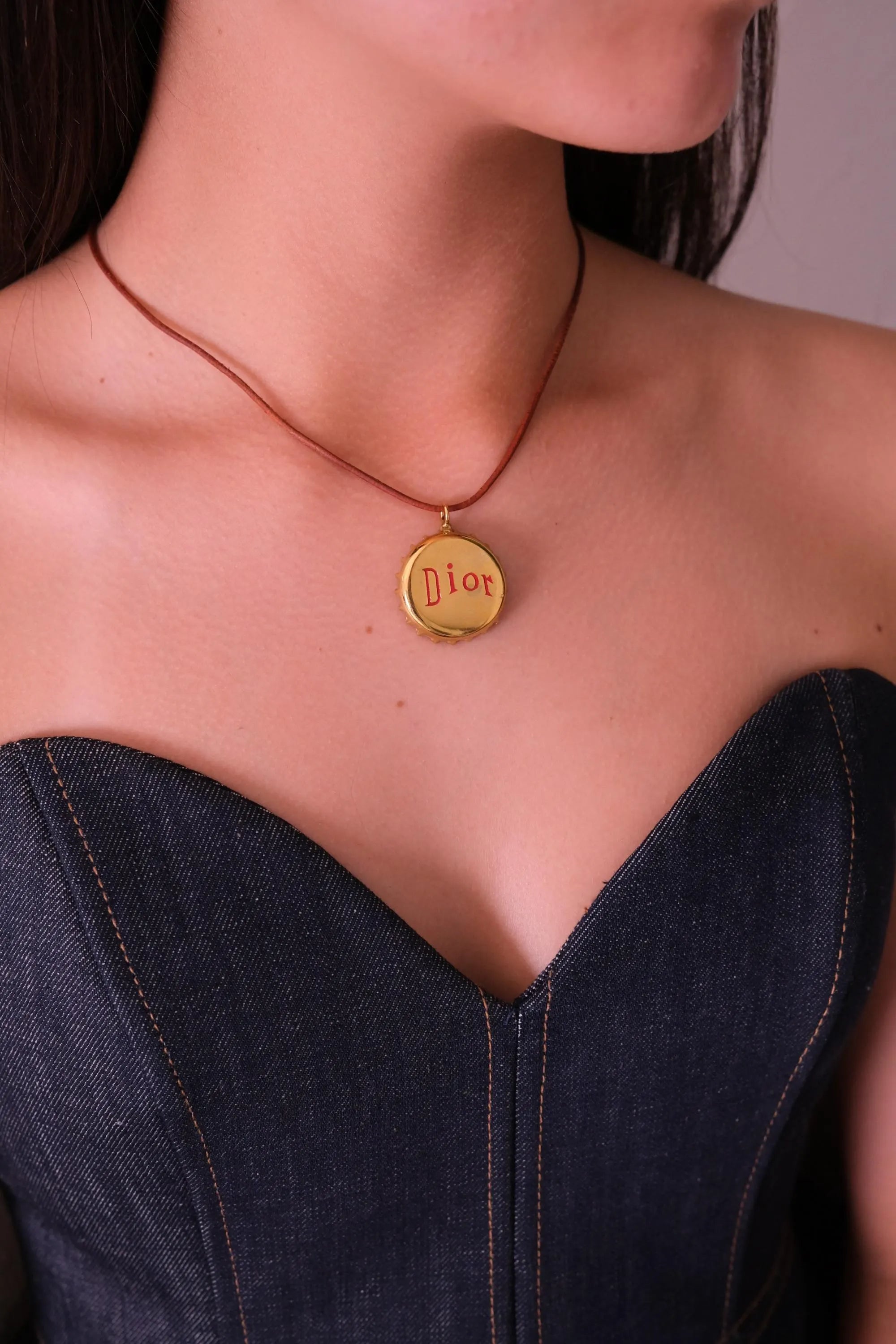 Christian Dior bottle cap necklace, vintage 1990s gold logo pendant designed by John Galliano, rare Dior jewelry