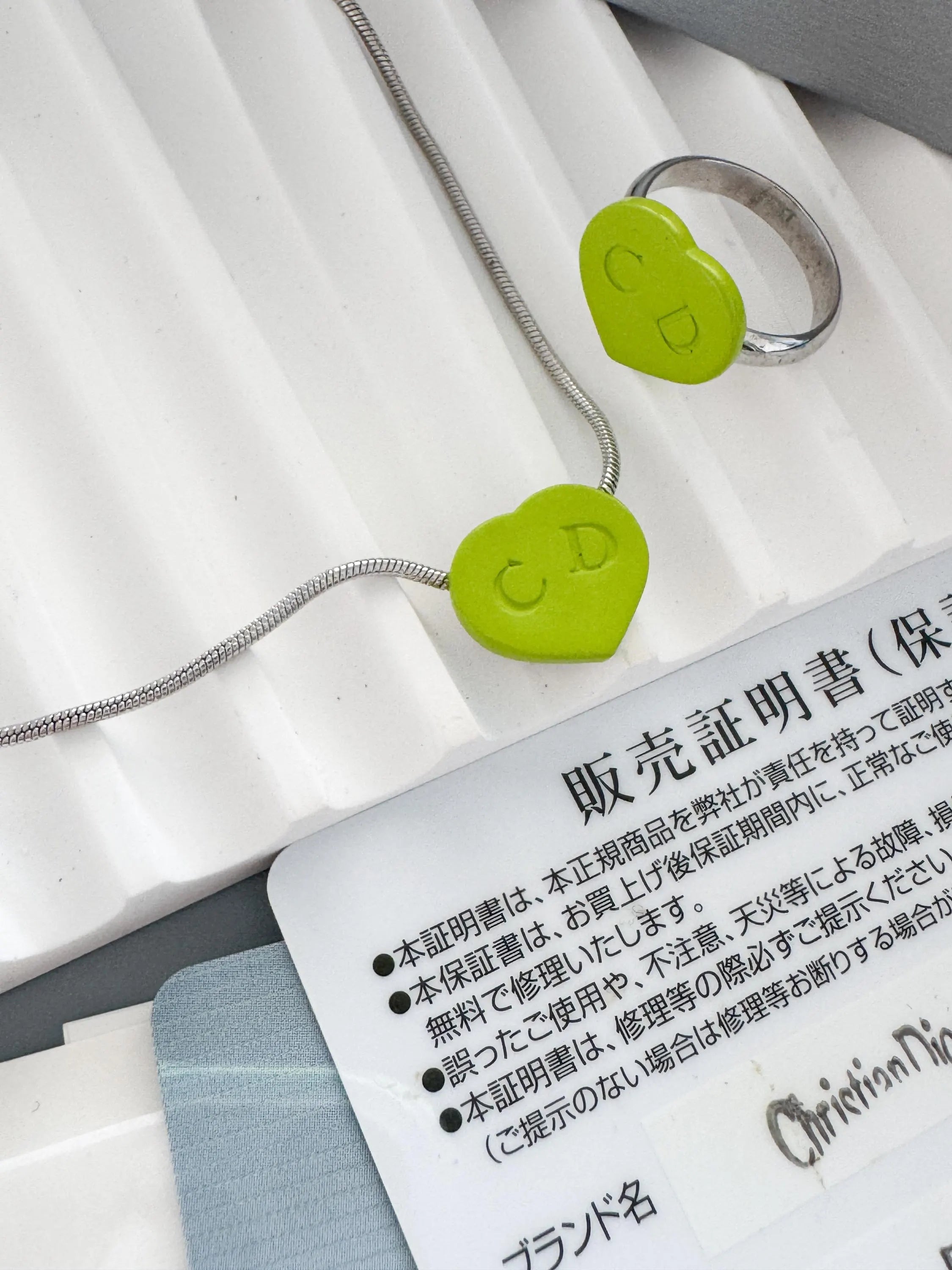 Christian Dior Heart Necklace & Adjustable Ring Jewelry sets Lime Green Enamel, Vintage 2003, Silver Tone, Authentic Dior with Box Card