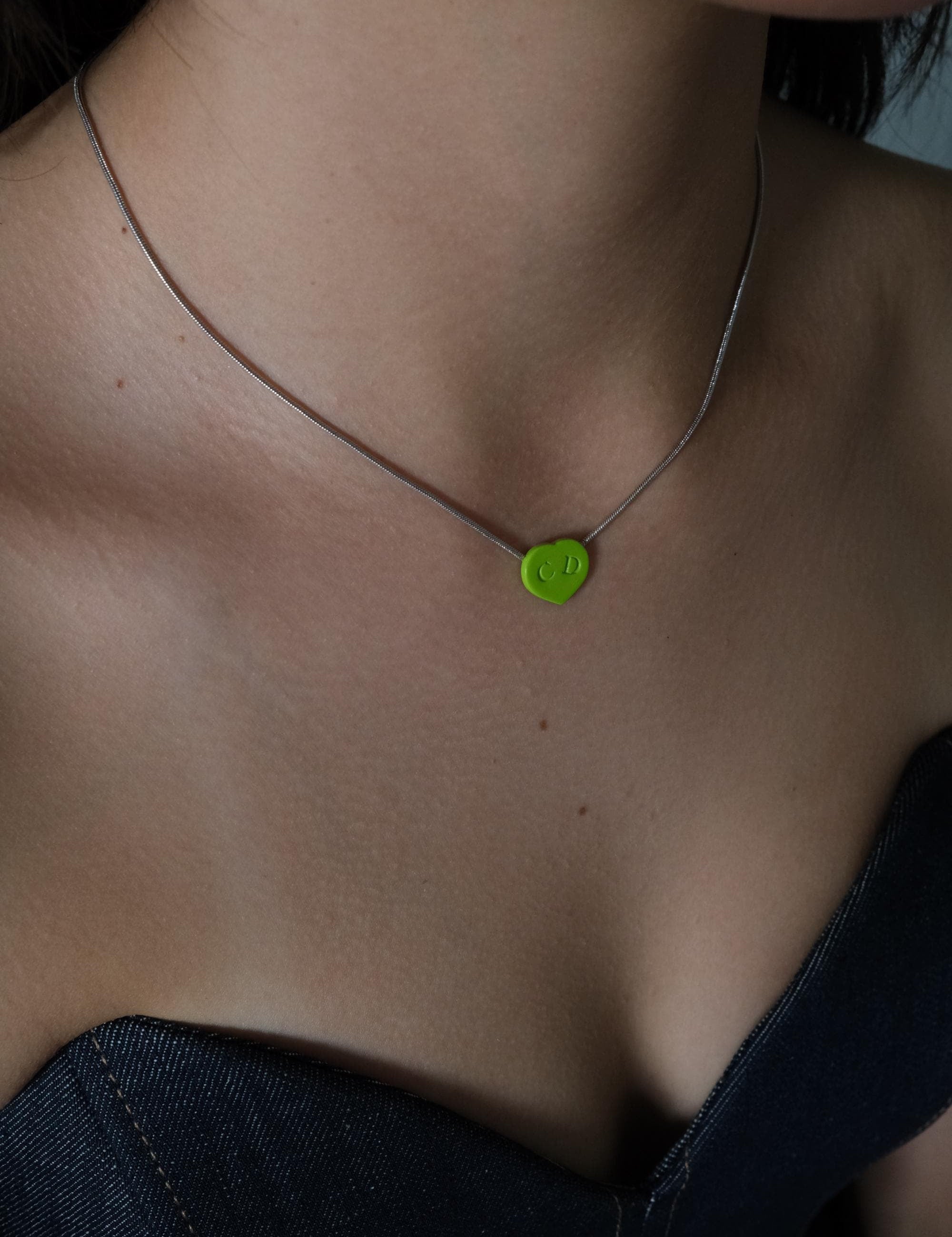 Christian Dior Heart Necklace & Adjustable Ring Jewelry sets Lime Green Enamel, Vintage 2003, Silver Tone, Authentic Dior with Box Card