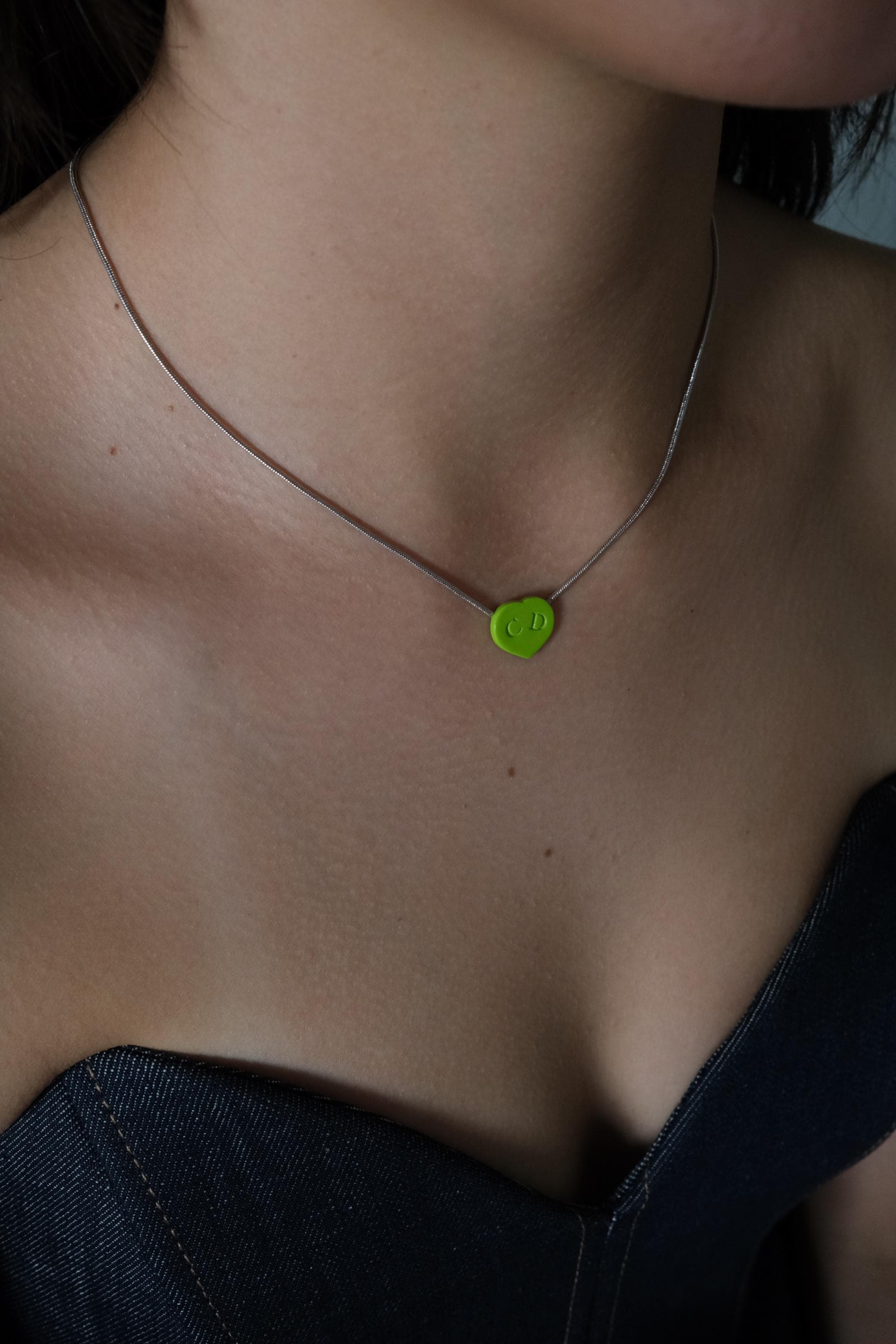 Christian Dior Heart Necklace & Adjustable Ring Jewelry sets Lime Green Enamel, Vintage 2003, Silver Tone, Authentic Dior with Box Card