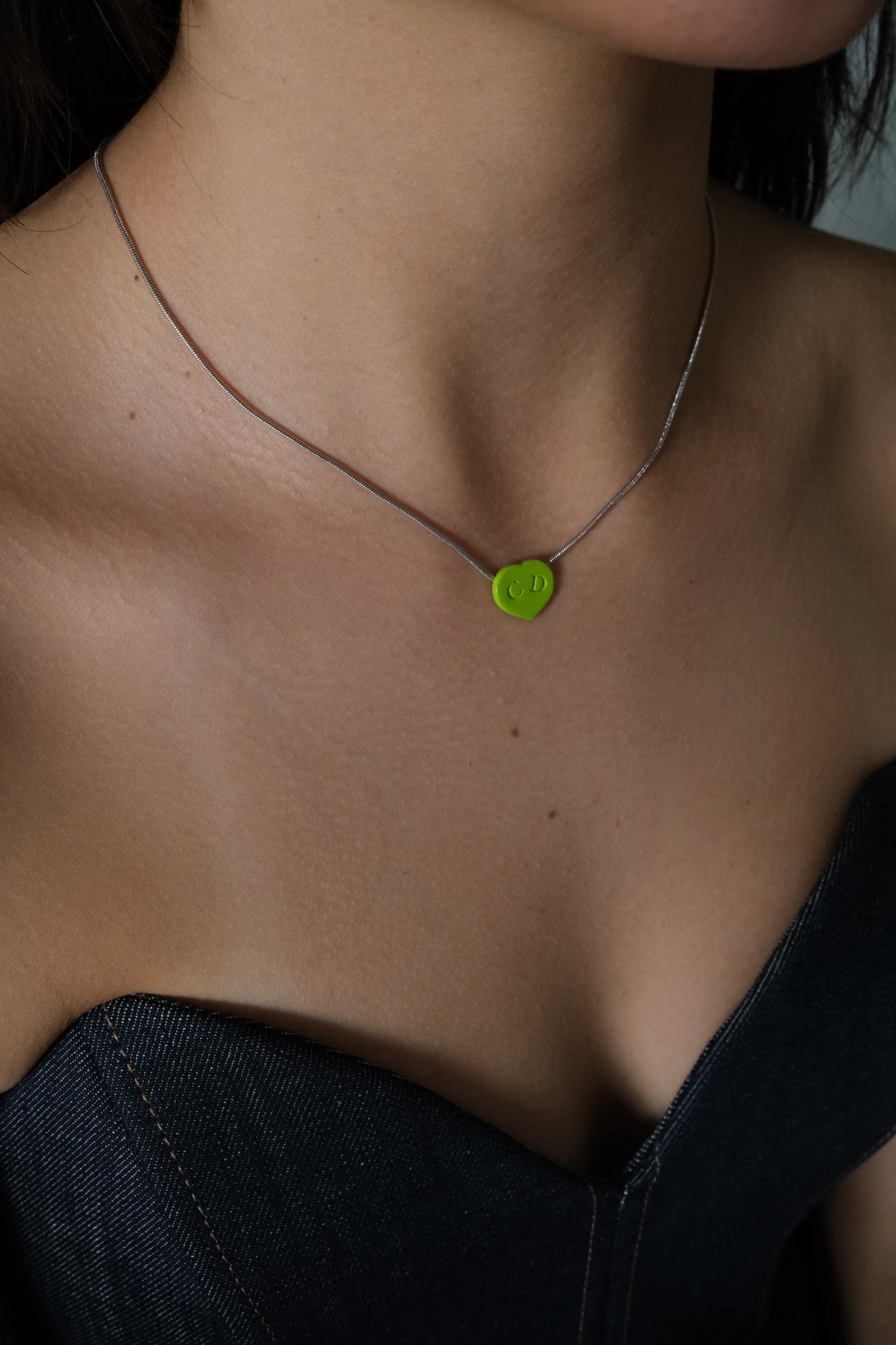 Christian Dior Heart Necklace & Adjustable Ring Jewelry sets Lime Green Enamel, Vintage 2003, Silver Tone, Authentic Dior with Box Card