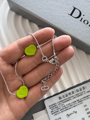Christian Dior Heart Necklace & Adjustable Ring Jewelry sets Lime Green Enamel, Vintage 2003, Silver Tone, Authentic Dior with Box Card