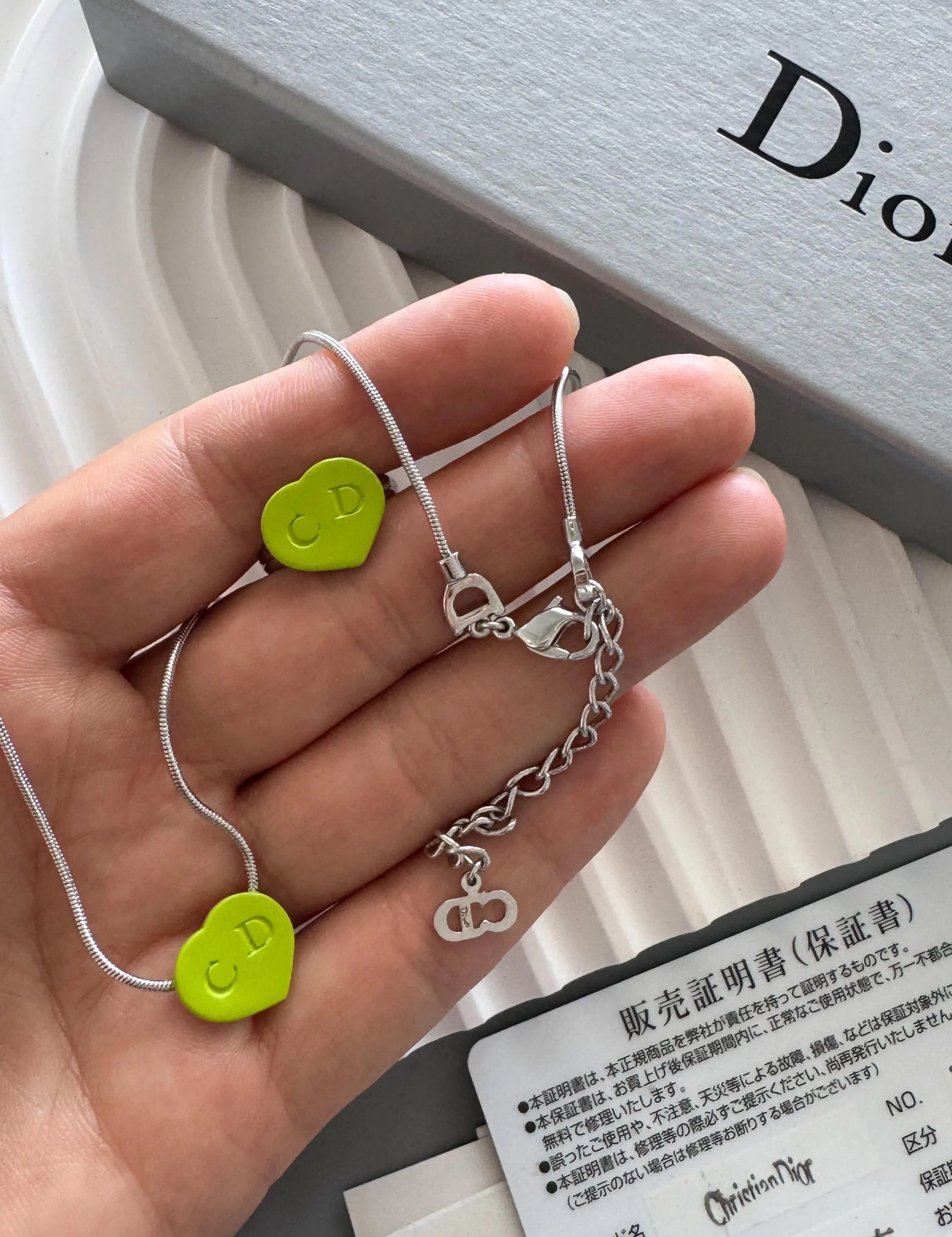 Christian Dior Heart Necklace & Adjustable Ring Jewelry sets Lime Green Enamel, Vintage 2003, Silver Tone, Authentic Dior with Box Card