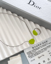 Christian Dior Heart Necklace & Adjustable Ring Jewelry sets Lime Green Enamel, Vintage 2003, Silver Tone, Authentic Dior with Box Card