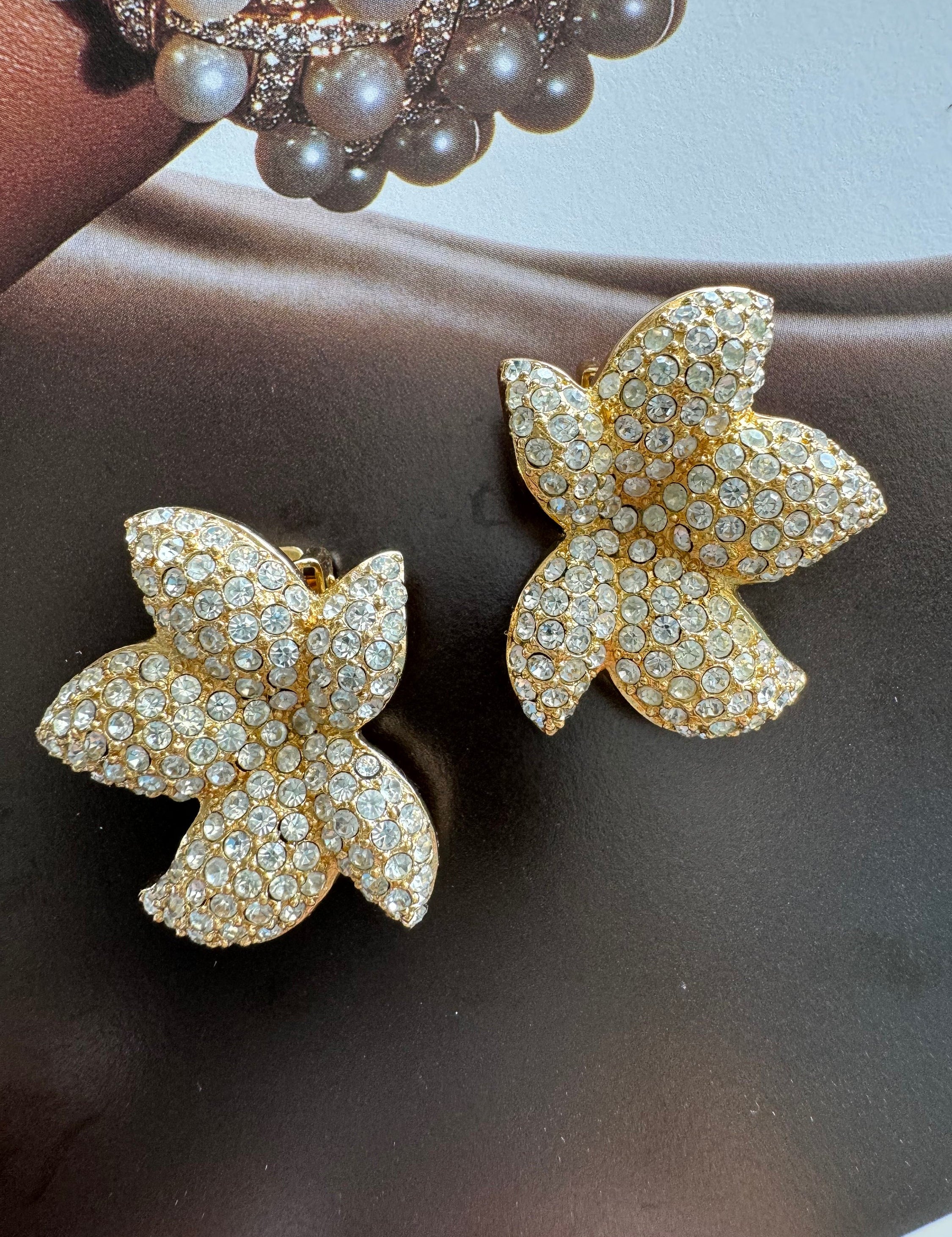 Vintage Christian Dior Leaf, Germany Gold  Tone Earrings, Clip on Earrings, Crystal Rhinestones, Gift for Her, Women Jewelry, Bridal Earring