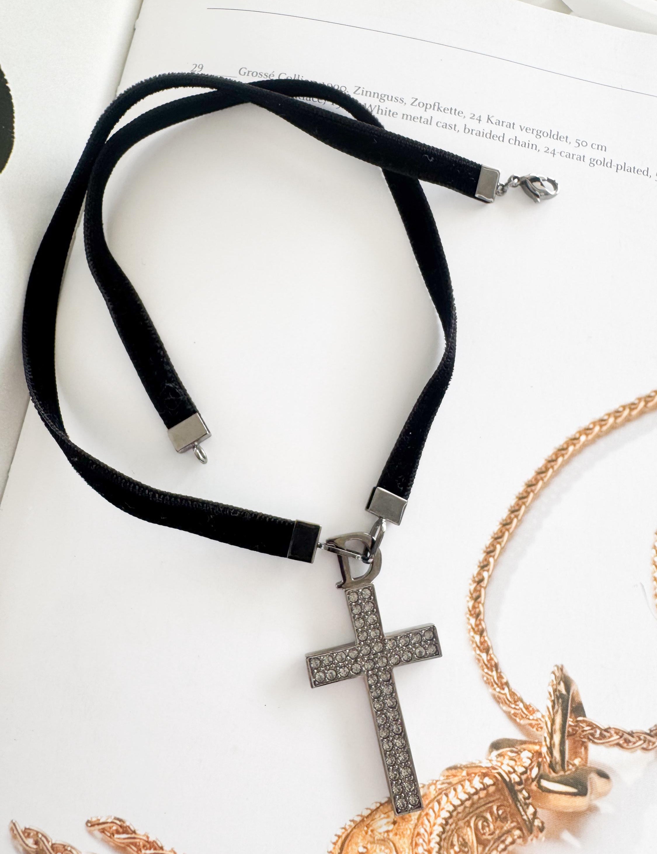 Vintage Christian Dior cross Choker Black Tone,  Dior Cross Necklace, Gift for her, Best Friend Gift, Modern Bridal Necklace Cross Pendant